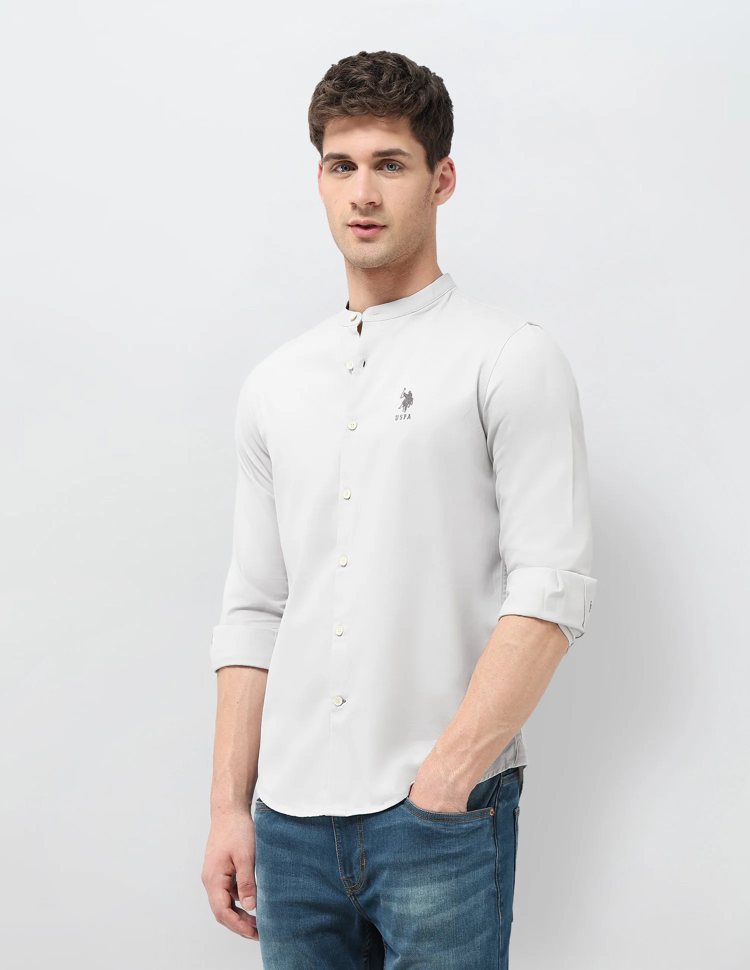 Solid Regular Fit Mandarin Shirt - Image 4