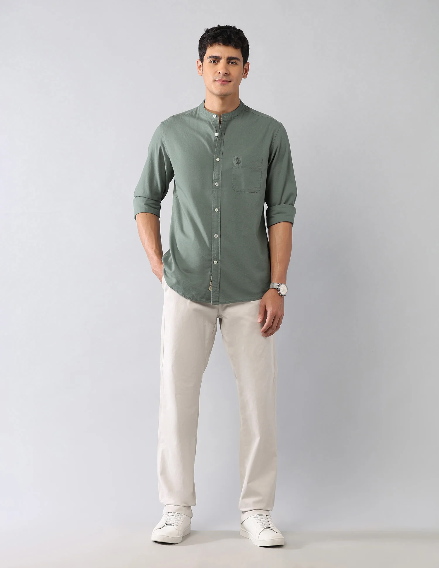 Solid Regular Fit Mandarin Shirt - Image 3