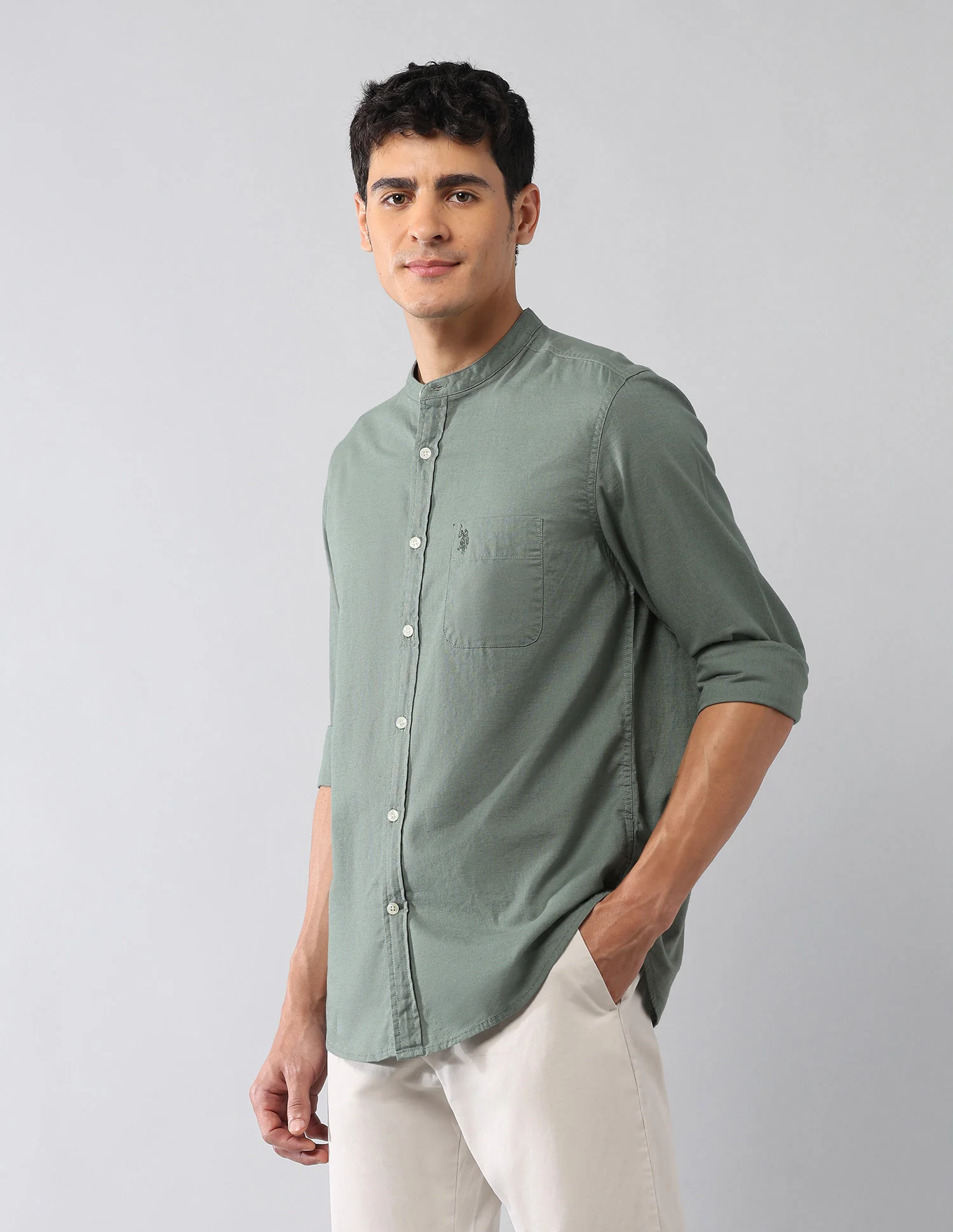 Solid Regular Fit Mandarin Shirt - Image 4