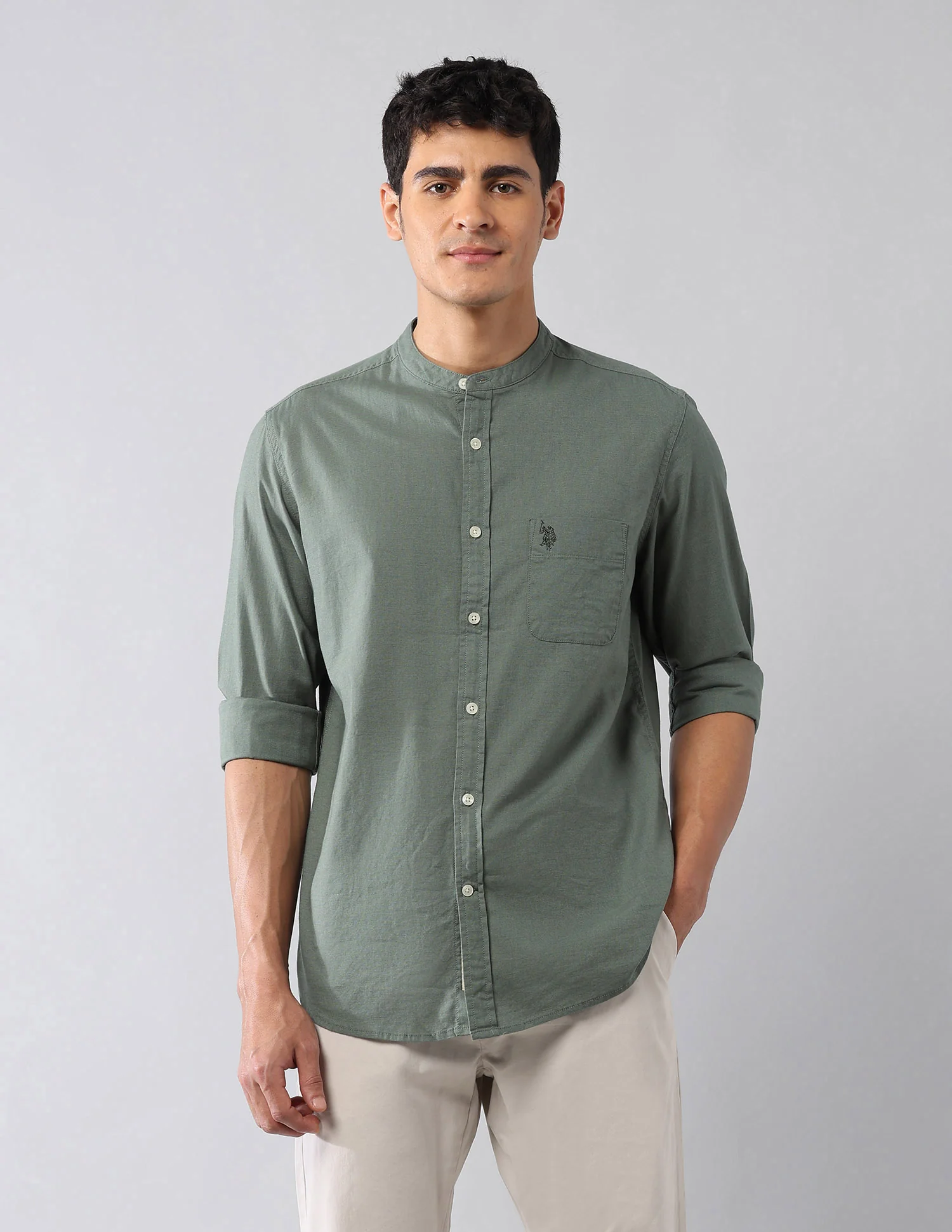 Solid Regular Fit Mandarin Shirt - Image 6