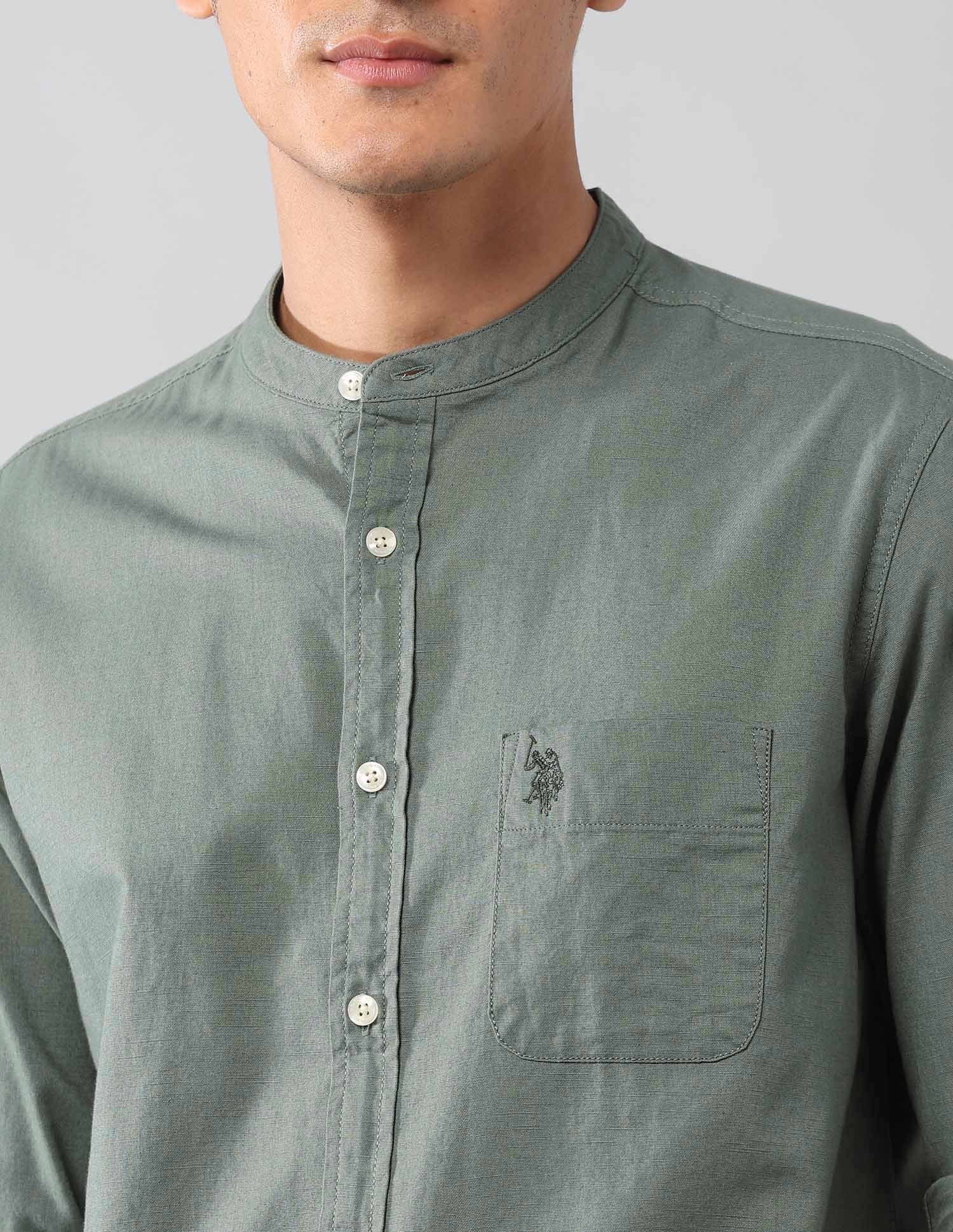 Solid Regular Fit Mandarin Shirt - Image 7