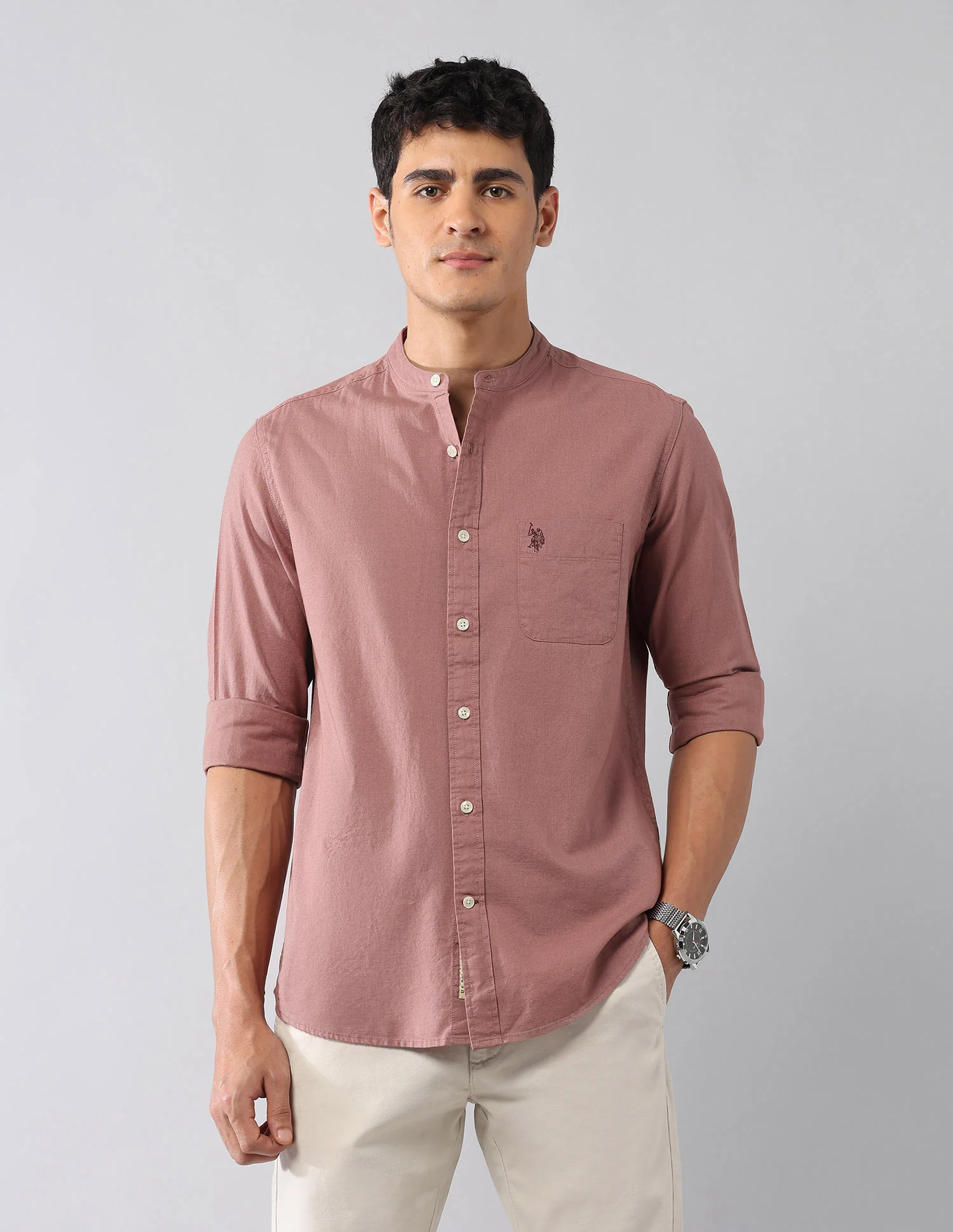 Solid Regular Fit Mandarin Shirt