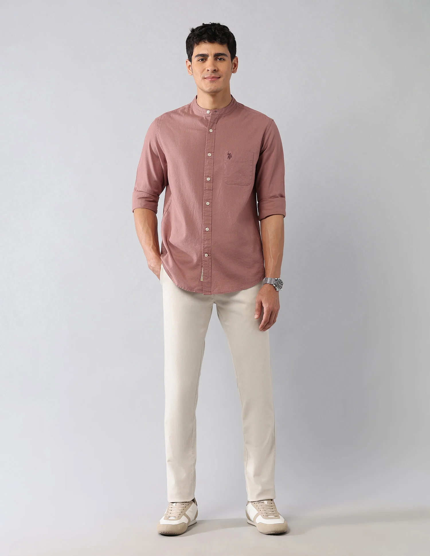 Solid Regular Fit Mandarin Shirt - Image 3