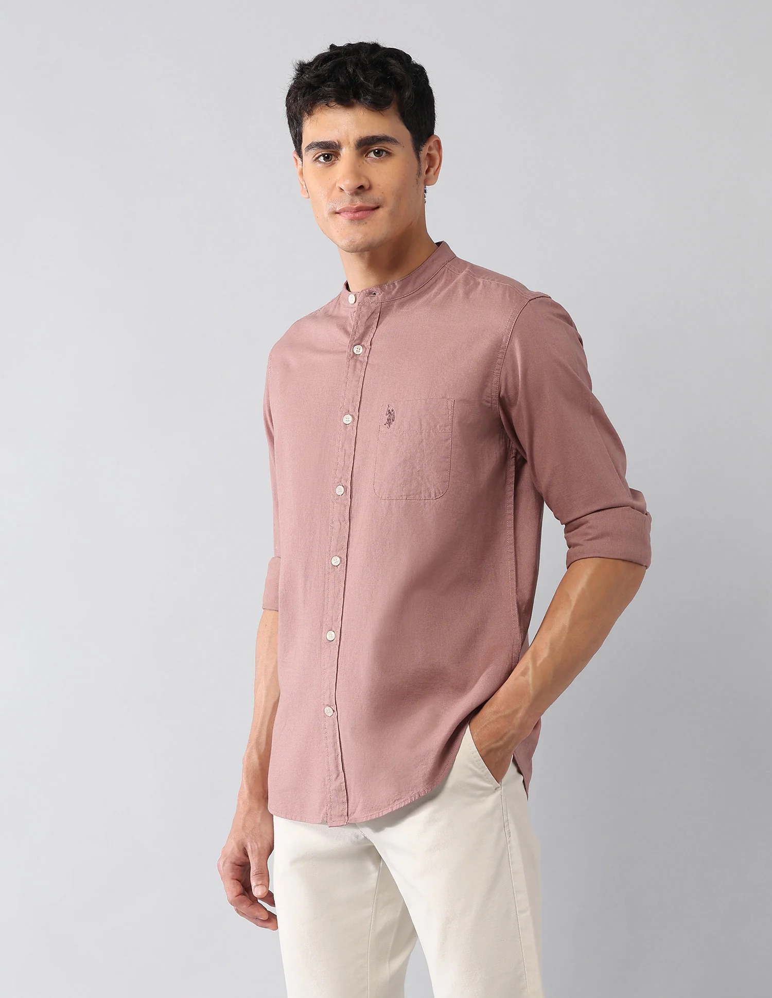 Solid Regular Fit Mandarin Shirt - Image 4