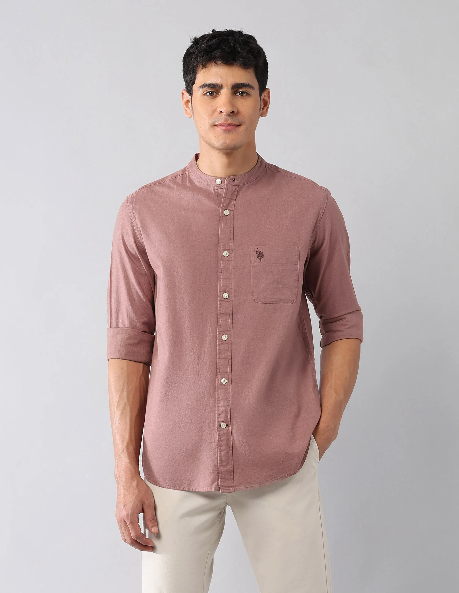 Solid Regular Fit Mandarin Shirt - Image 6
