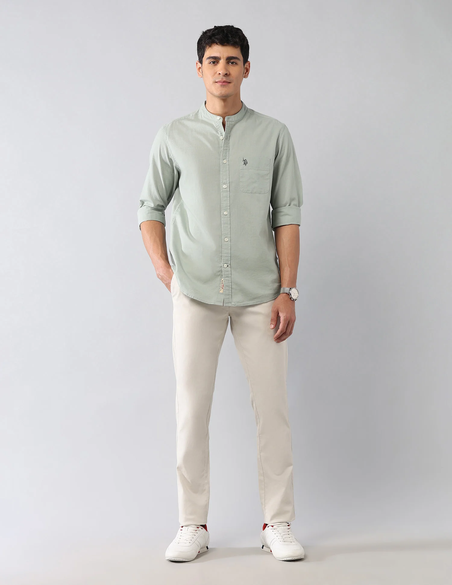 Solid Regular Fit Mandarin Shirt - Image 3