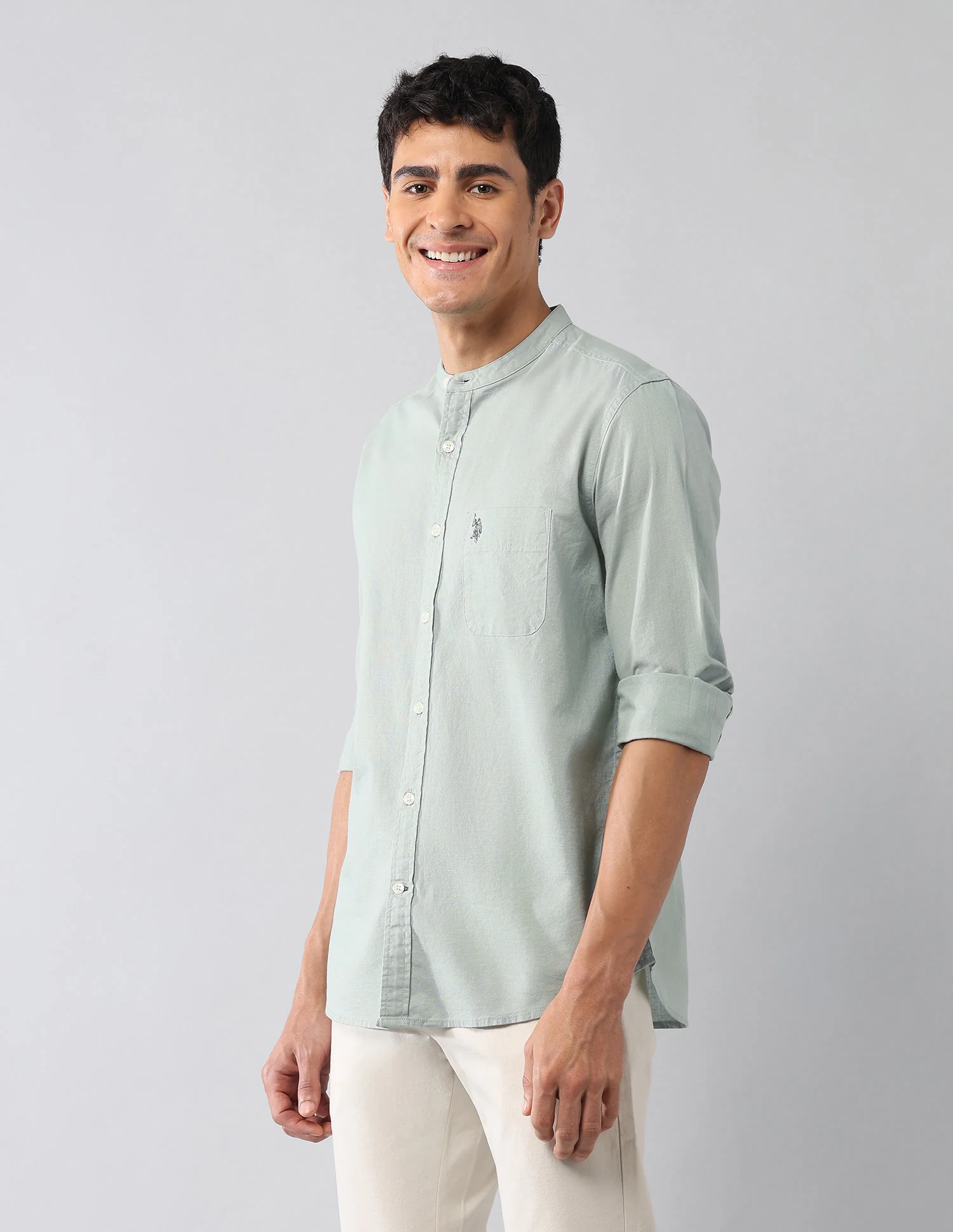 Solid Regular Fit Mandarin Shirt - Image 4
