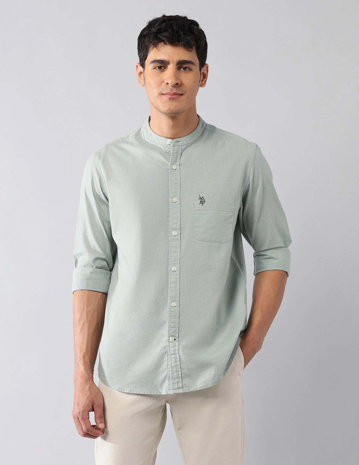 Solid Regular Fit Mandarin Shirt - Image 6
