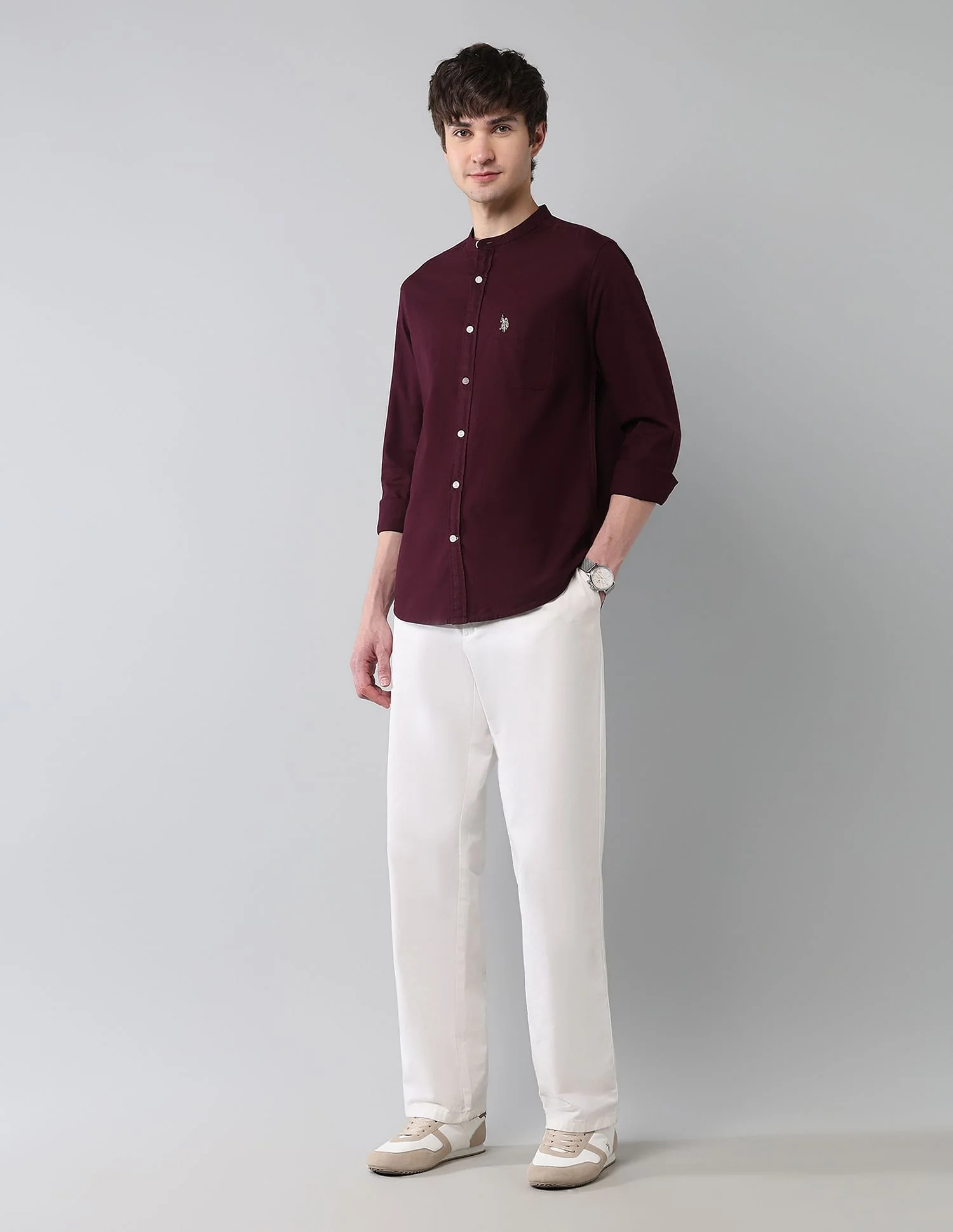 Solid Slub Mandarin Collar Shirt - Image 3