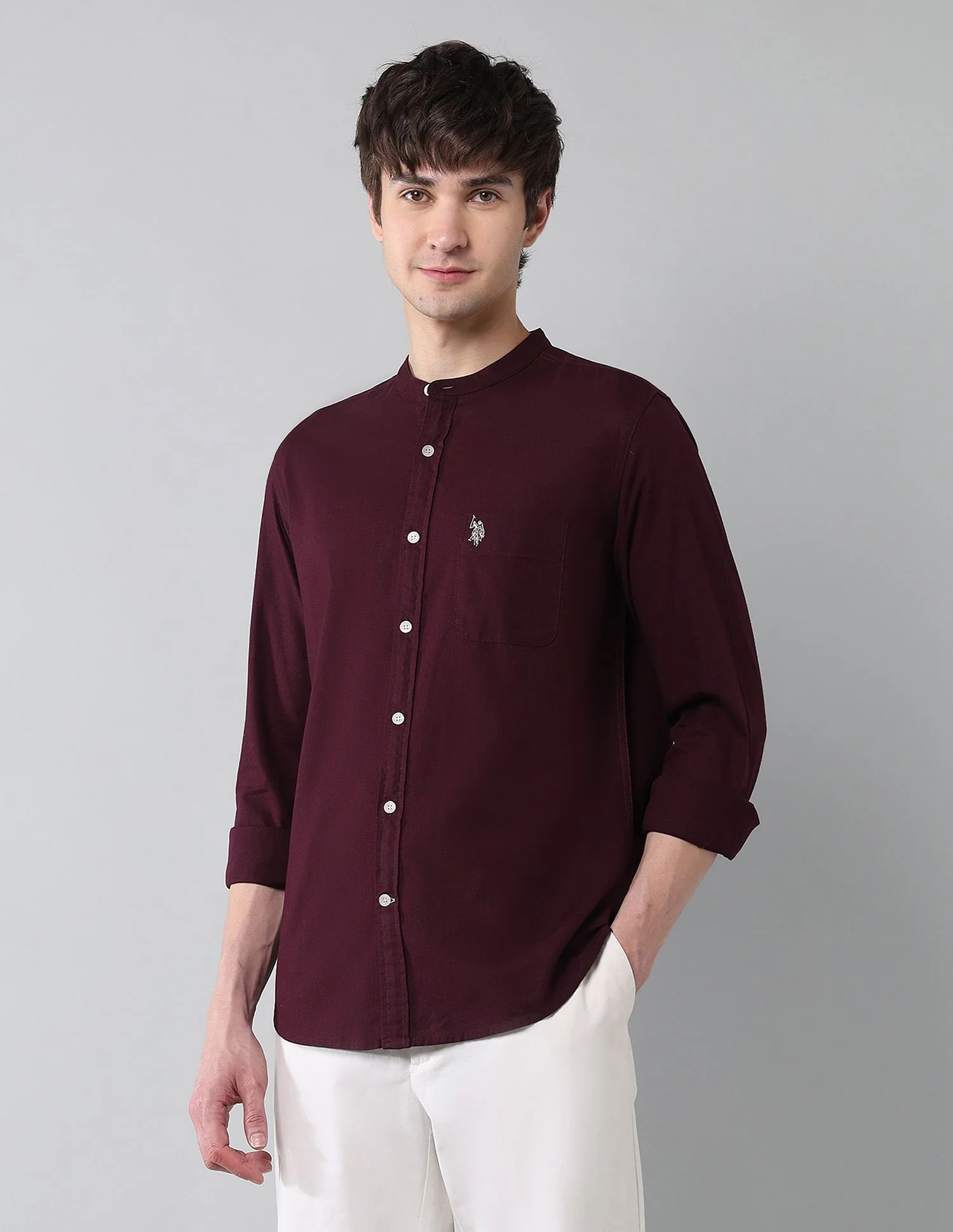 Solid Slub Mandarin Collar Shirt - Image 4