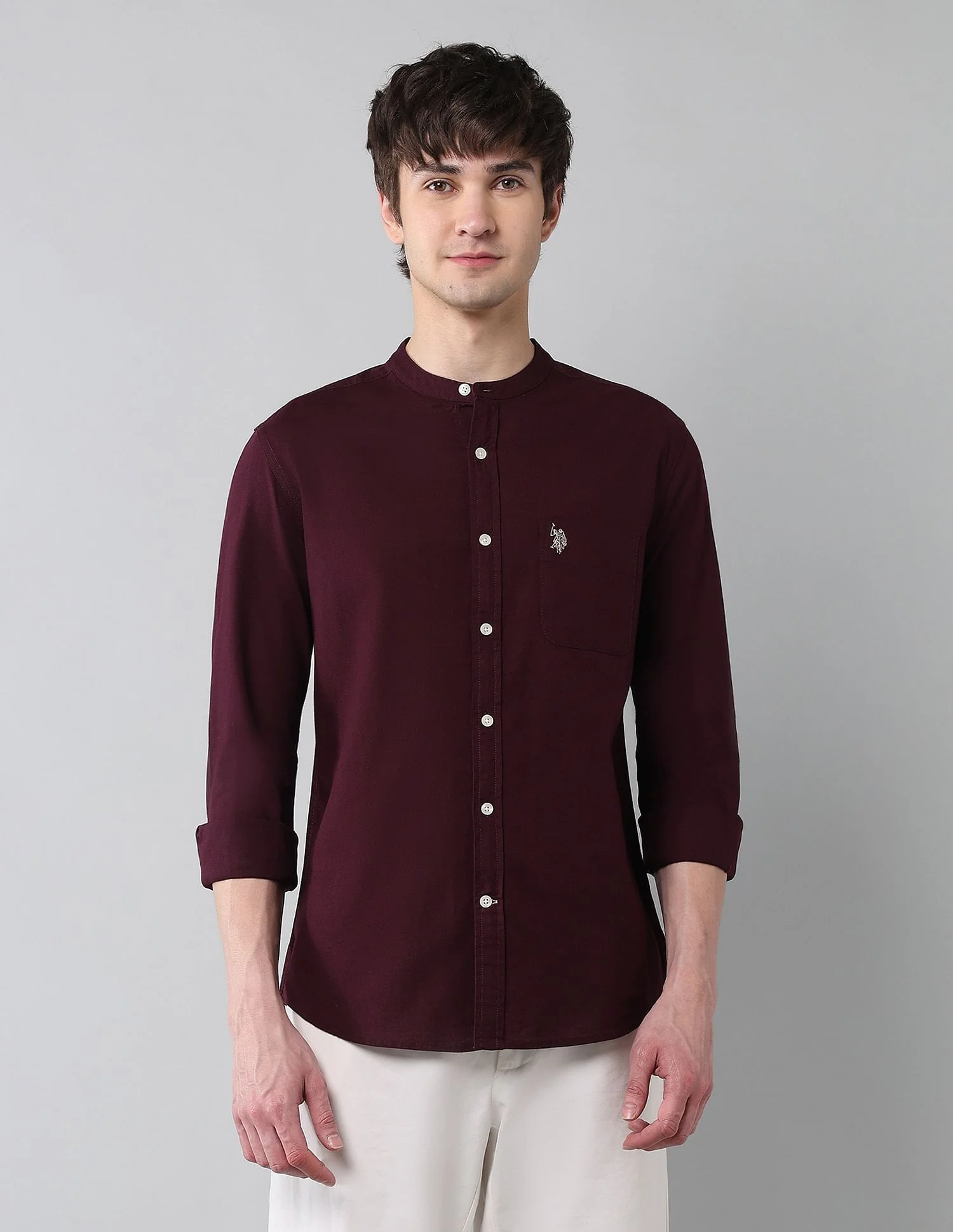 Solid Slub Mandarin Collar Shirt - Image 6