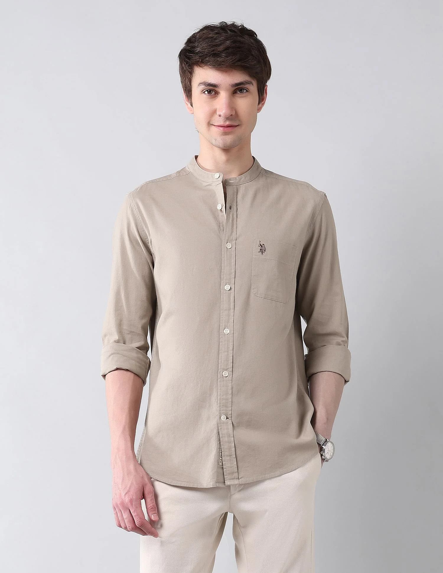 Solid Slub Mandarin Collar Shirt