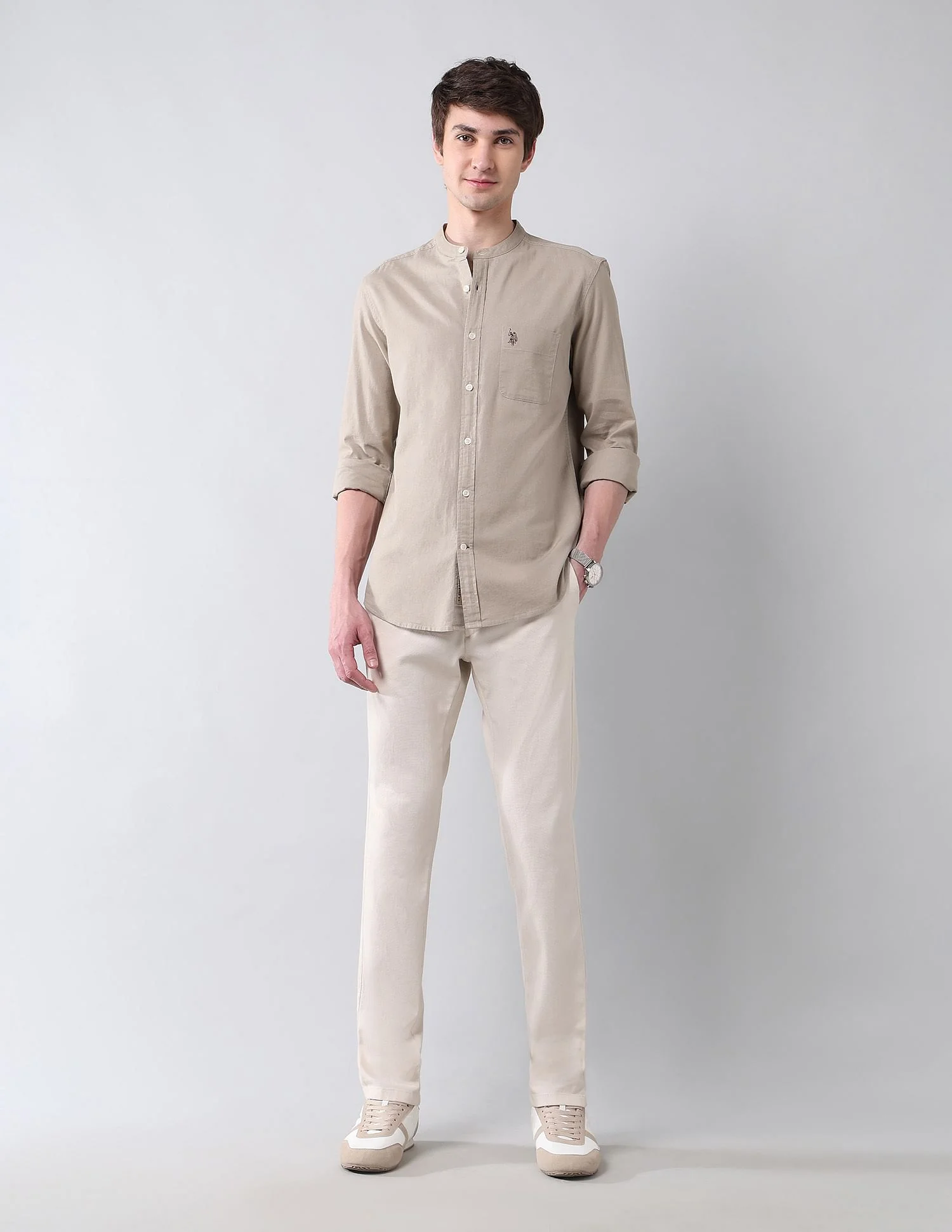 Solid Slub Mandarin Collar Shirt - Image 3