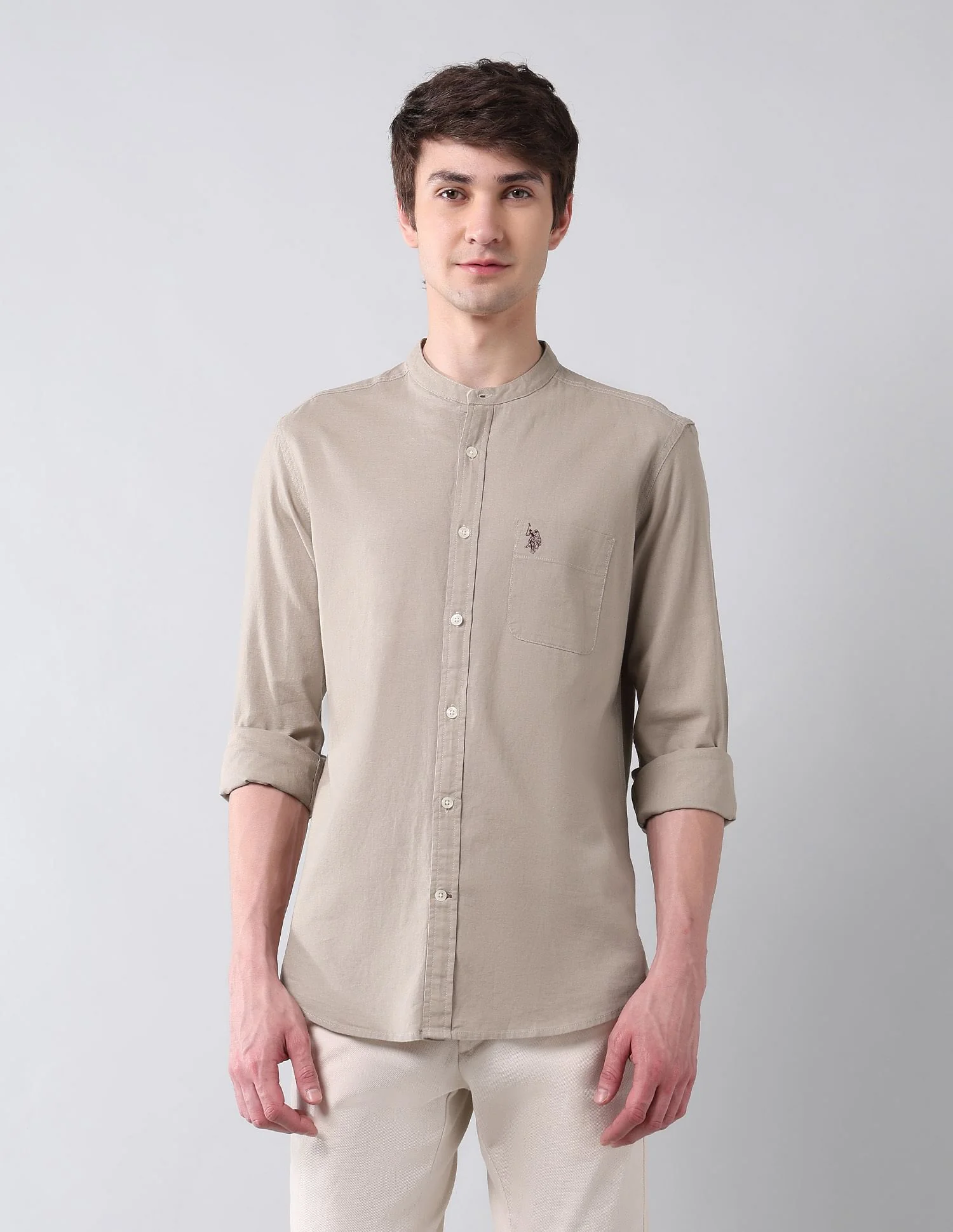 Solid Slub Mandarin Collar Shirt - Image 6