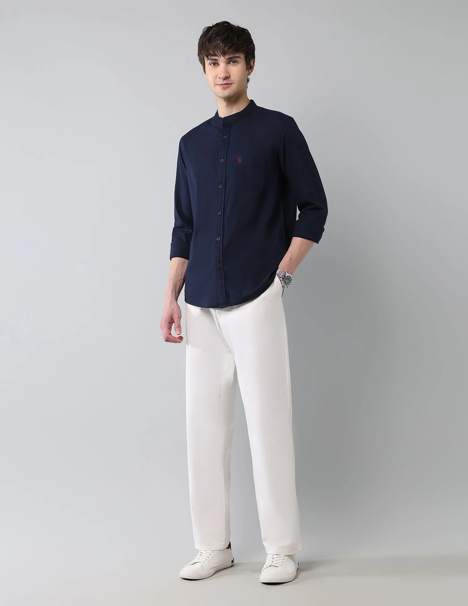 Solid Slub Mandarin Collar Shirt - Image 3