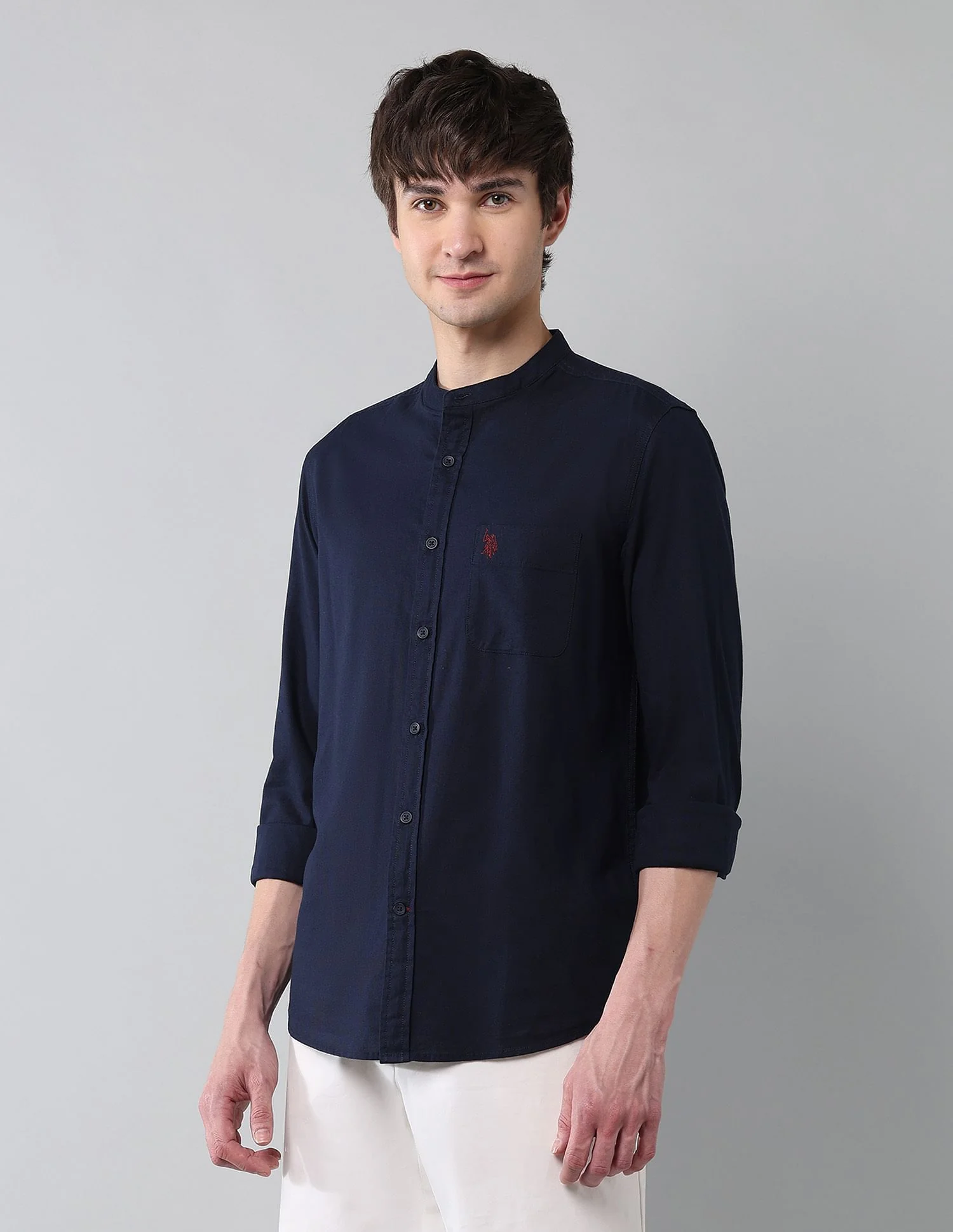 Solid Slub Mandarin Collar Shirt - Image 4