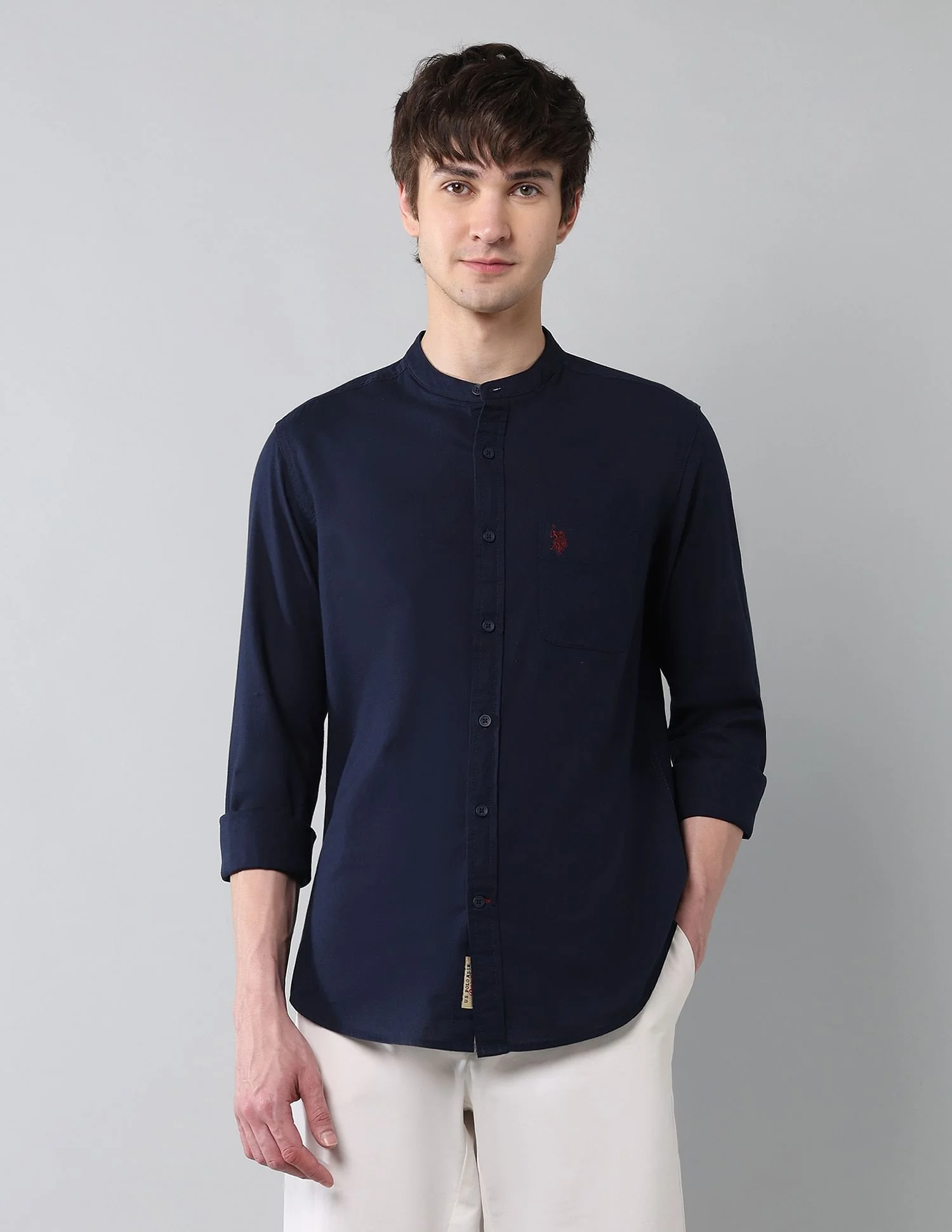Solid Slub Mandarin Collar Shirt - Image 6