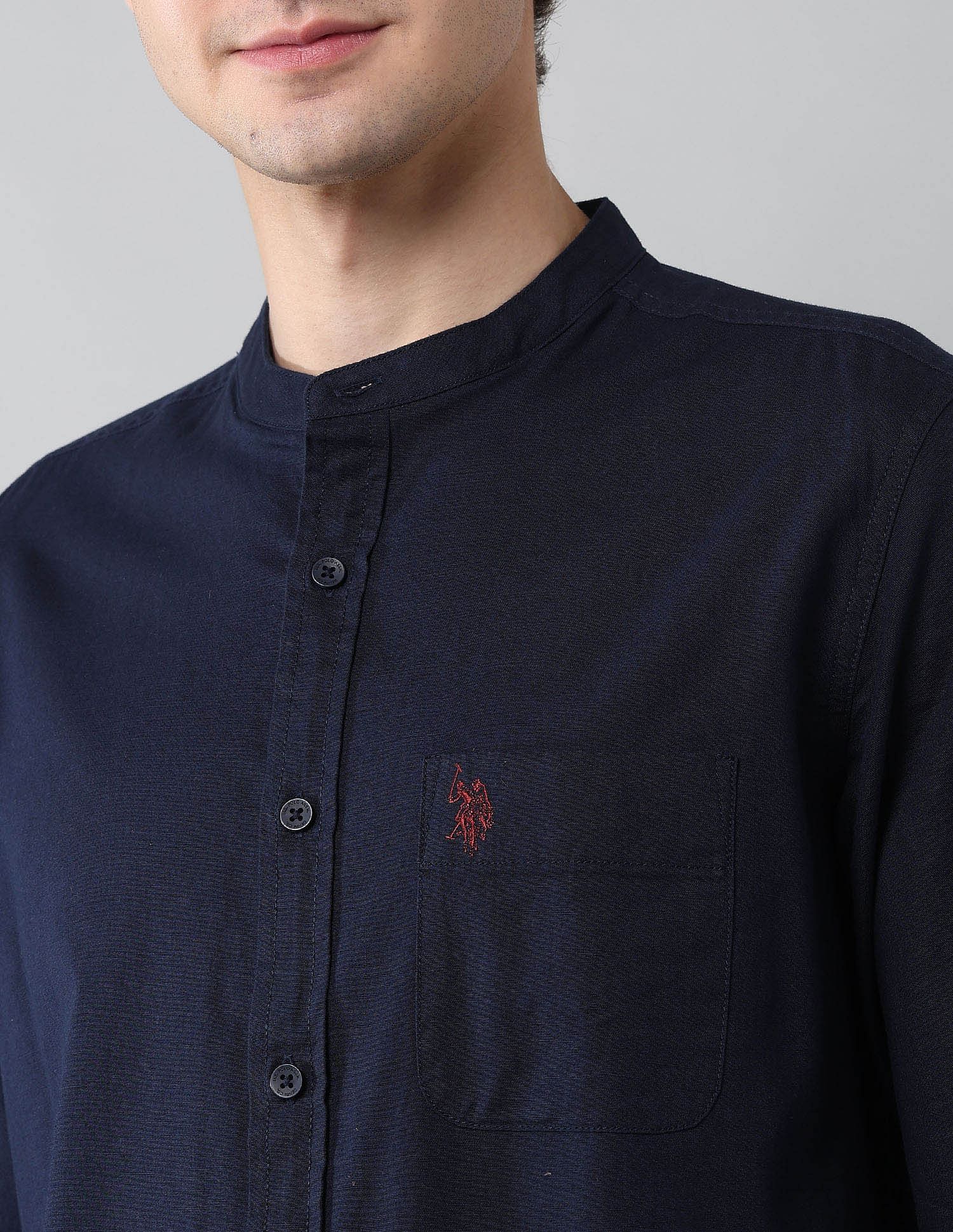 Solid Slub Mandarin Collar Shirt - Image 7