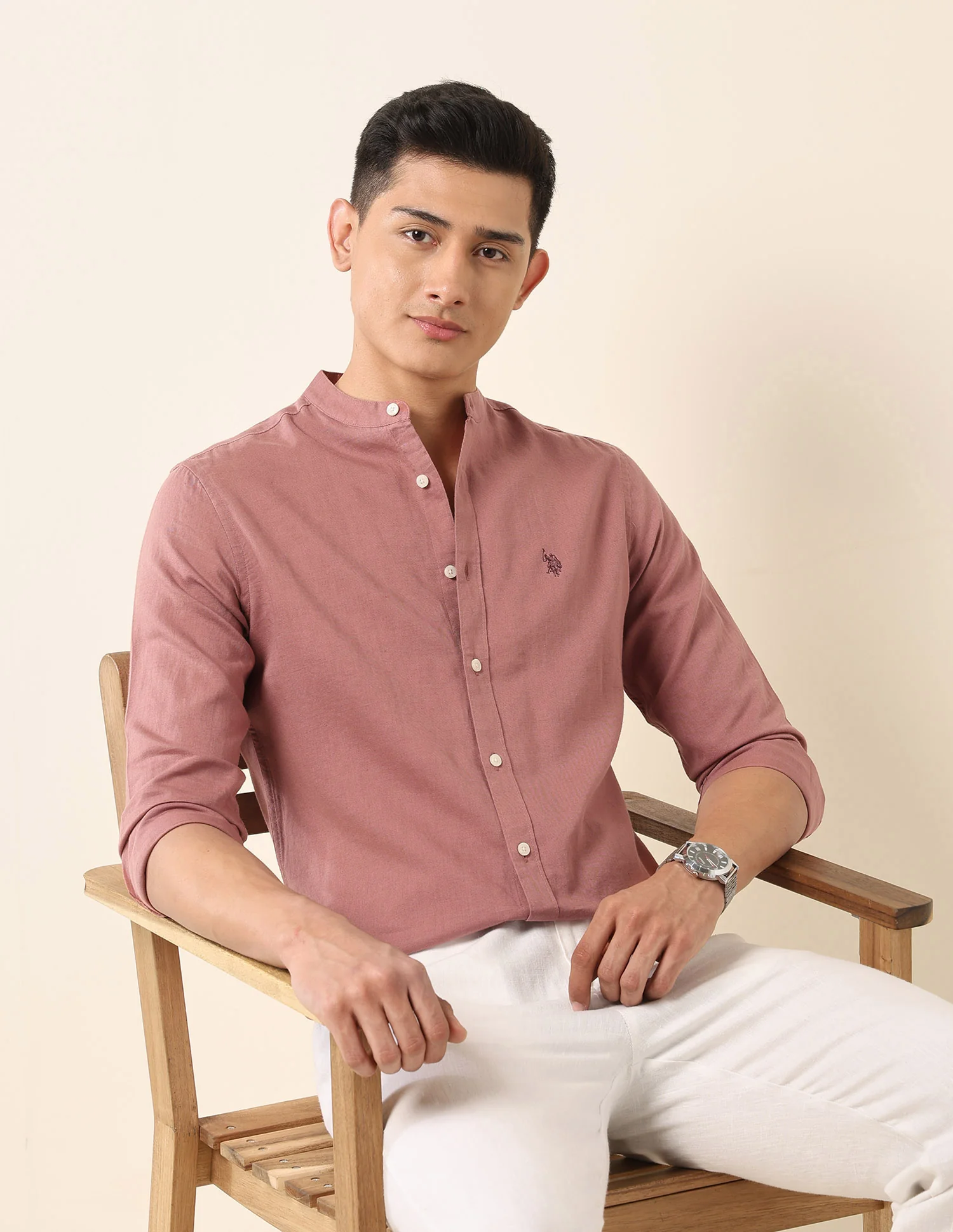 Solid Tailored Fit Mandarin Shirt