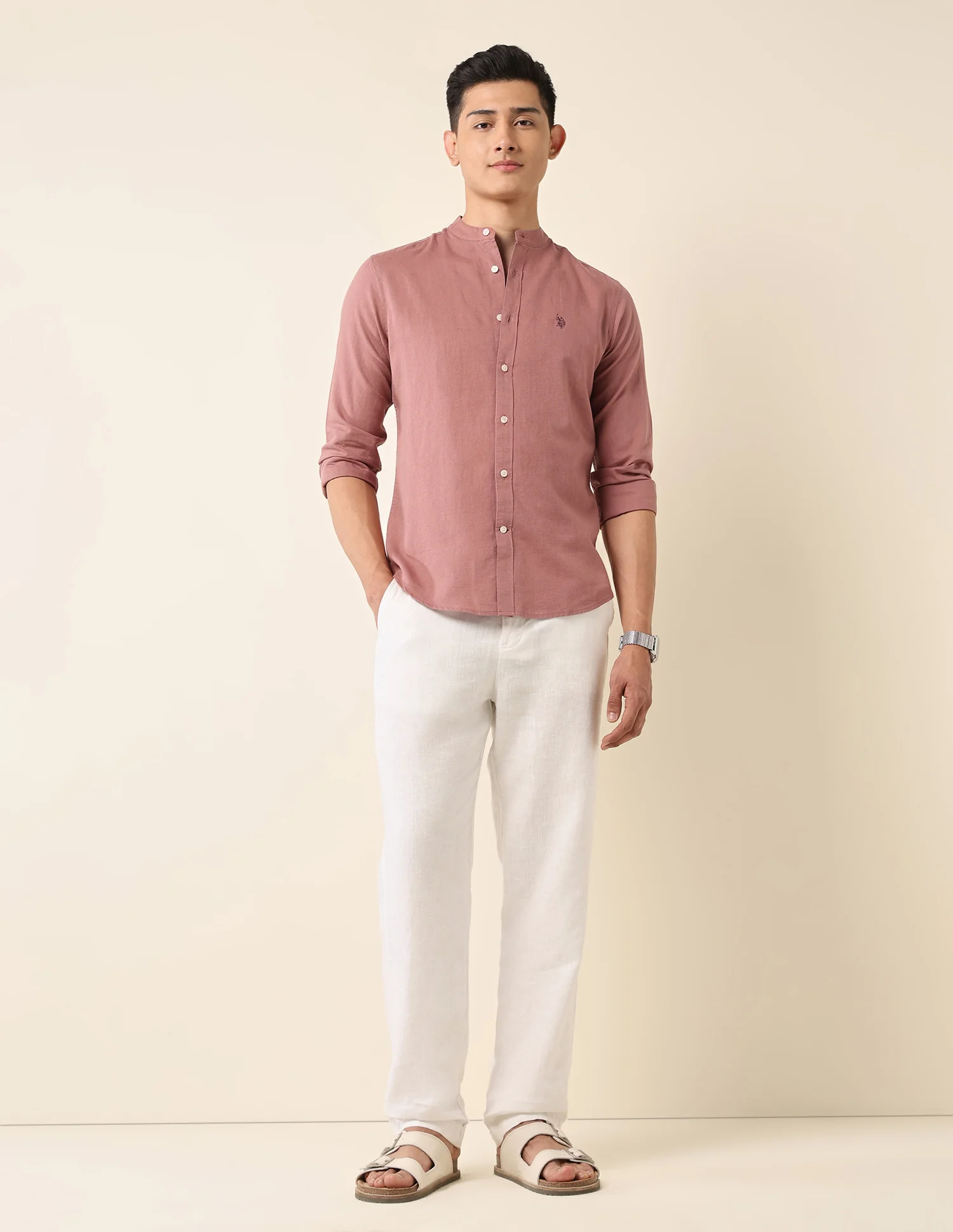 Solid Tailored Fit Mandarin Shirt - Image 3