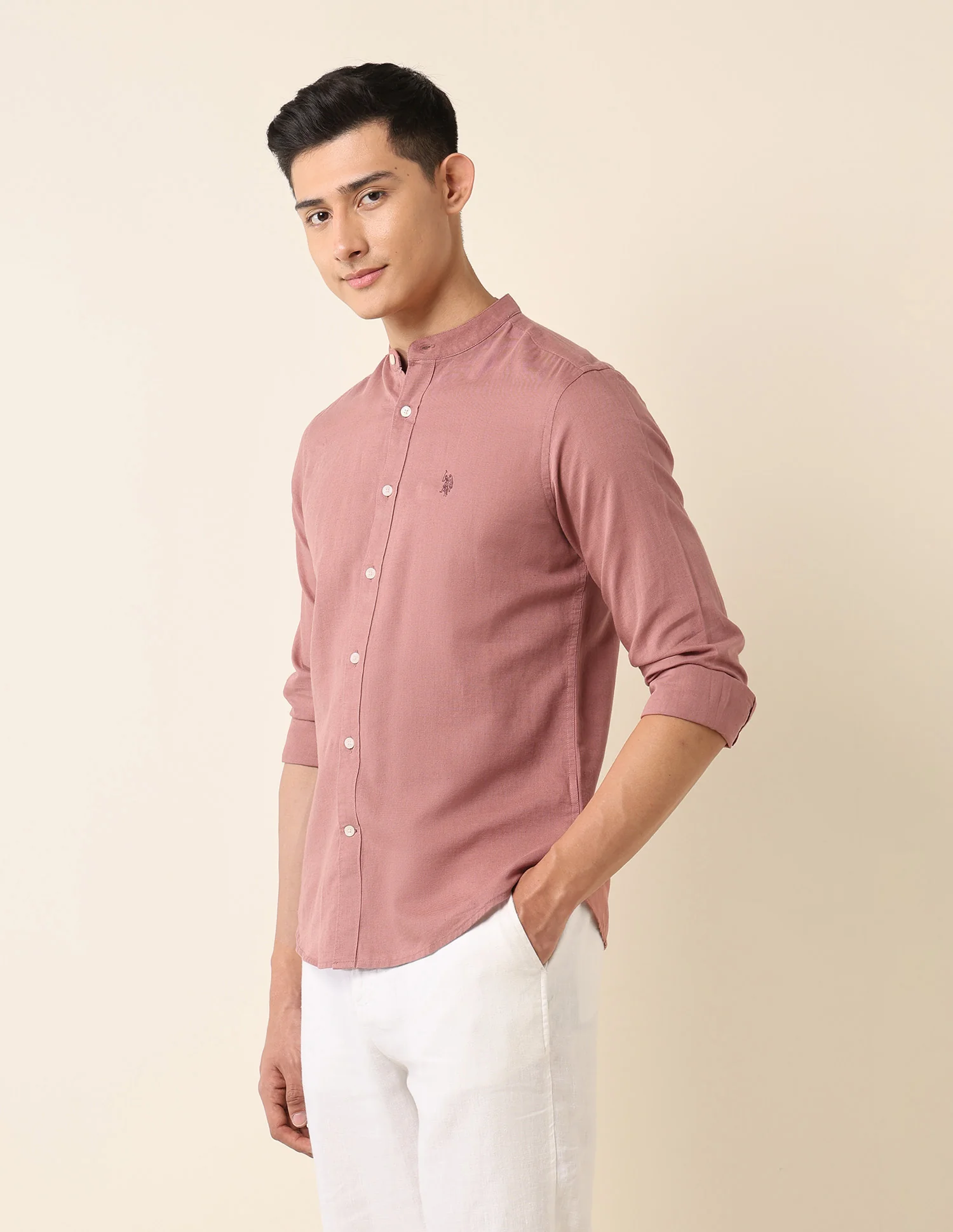 Solid Tailored Fit Mandarin Shirt - Image 4