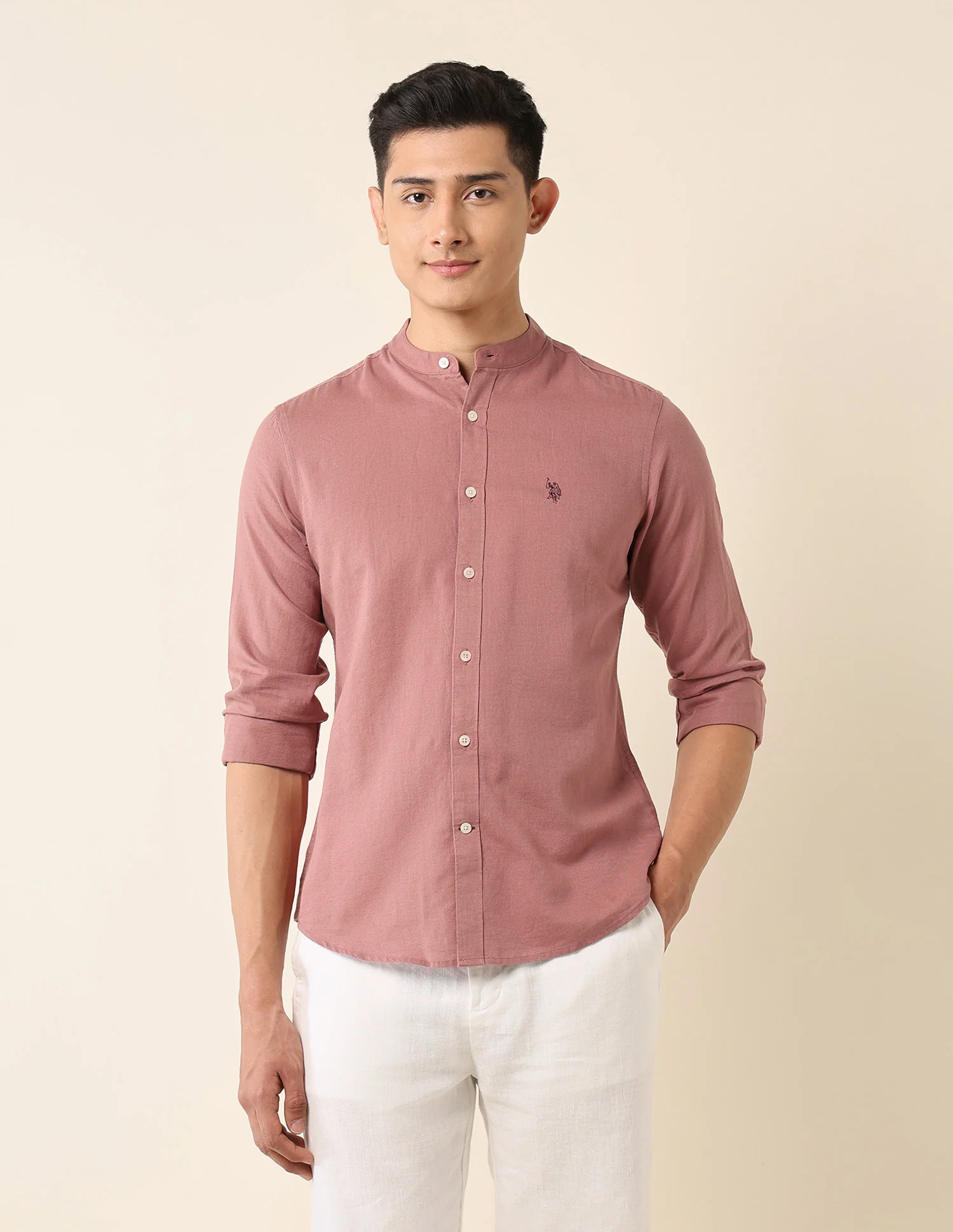 Solid Tailored Fit Mandarin Shirt - Image 6