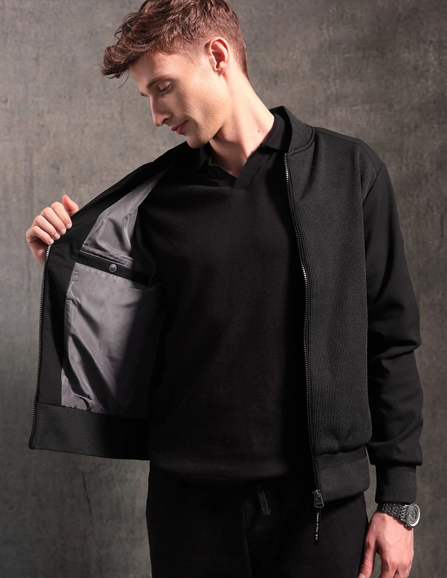 Textured Black & Gold Bomber Jacket - Image 9