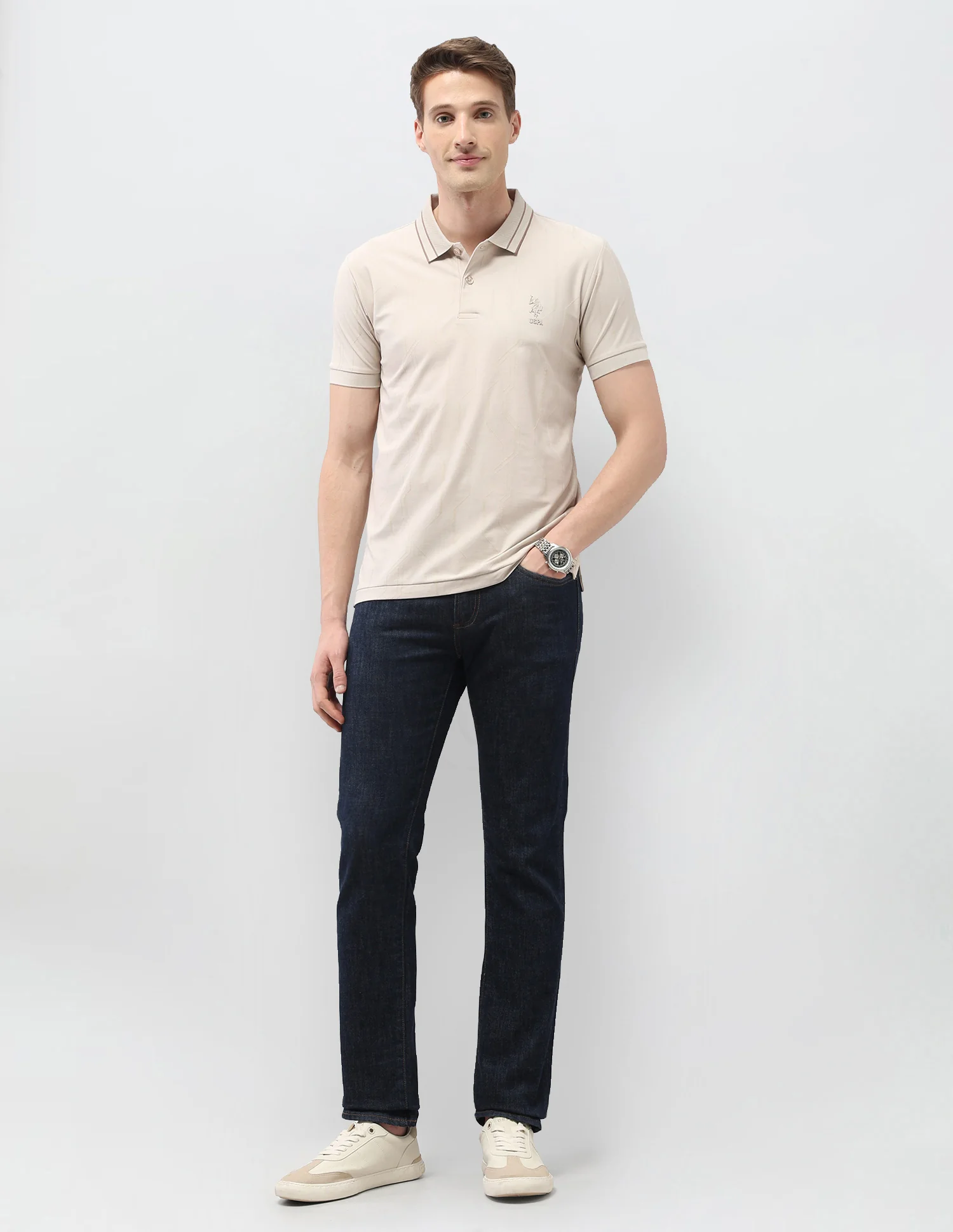 Textured Geometric Slim Fit Black & Gold Polo Shirt - Image 3