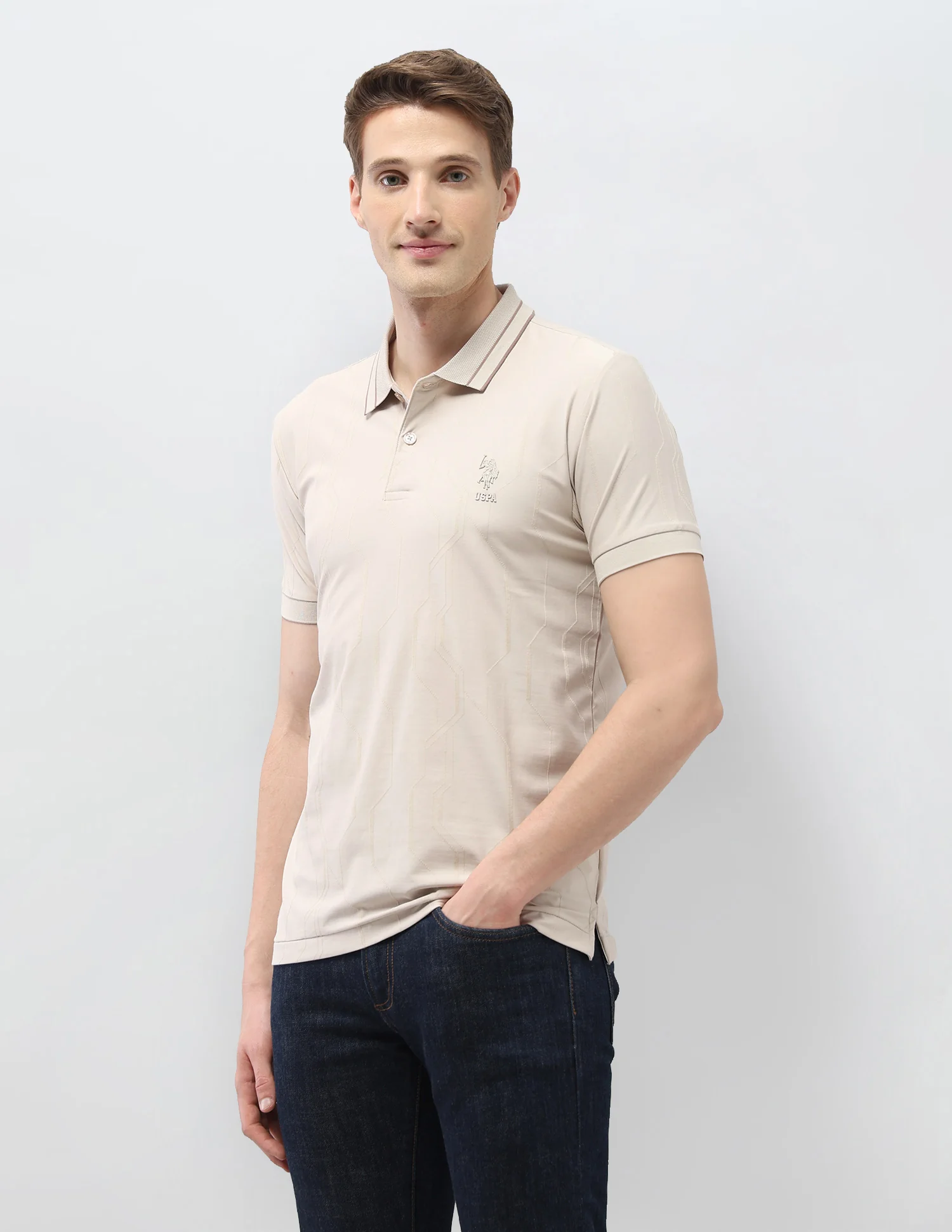 Textured Geometric Slim Fit Black & Gold Polo Shirt - Image 4