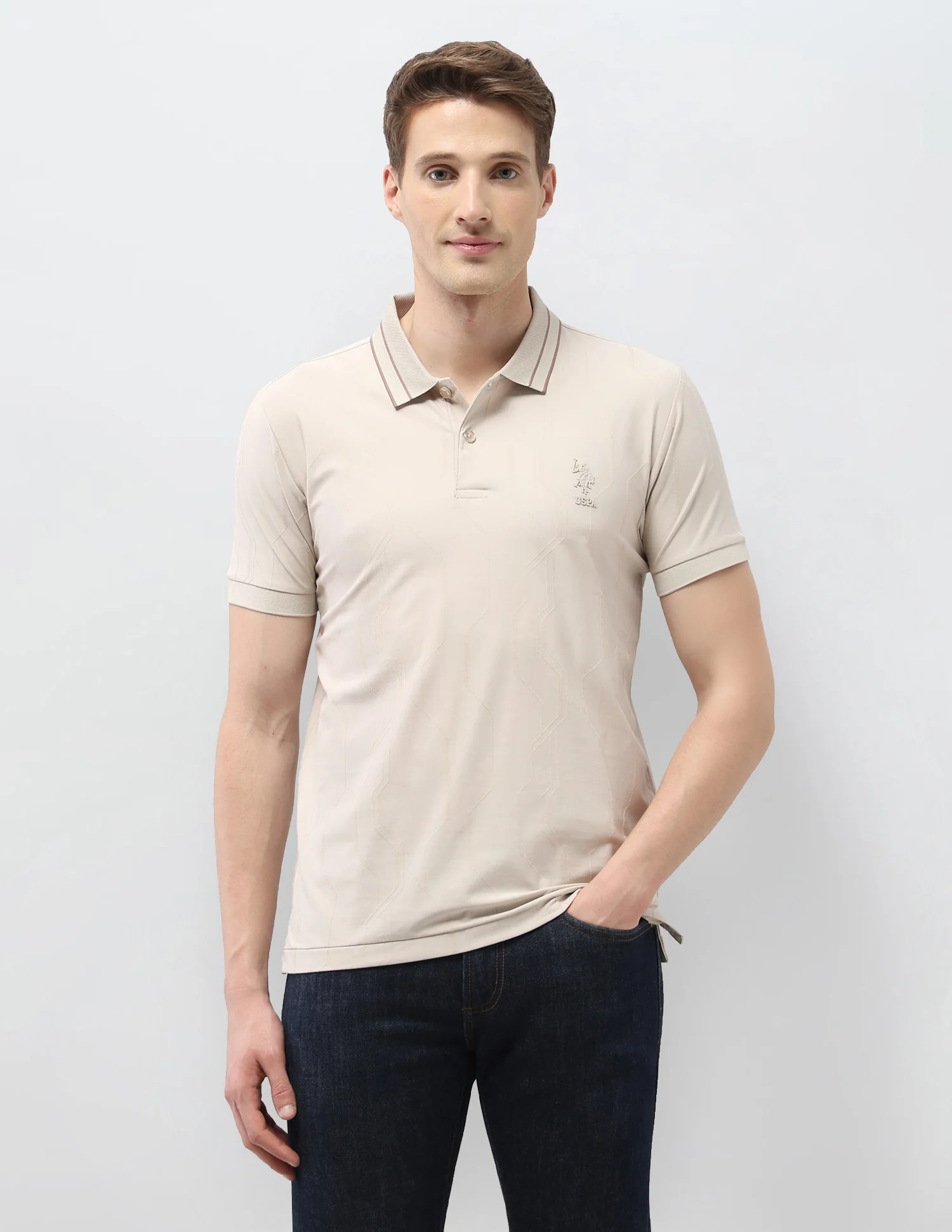 Textured Geometric Slim Fit Black & Gold Polo Shirt - Image 6