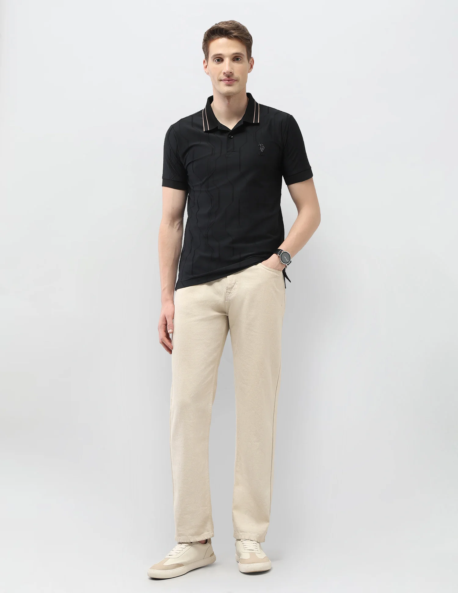 Textured Geometric Slim Fit Black & Gold Polo Shirt - Image 3