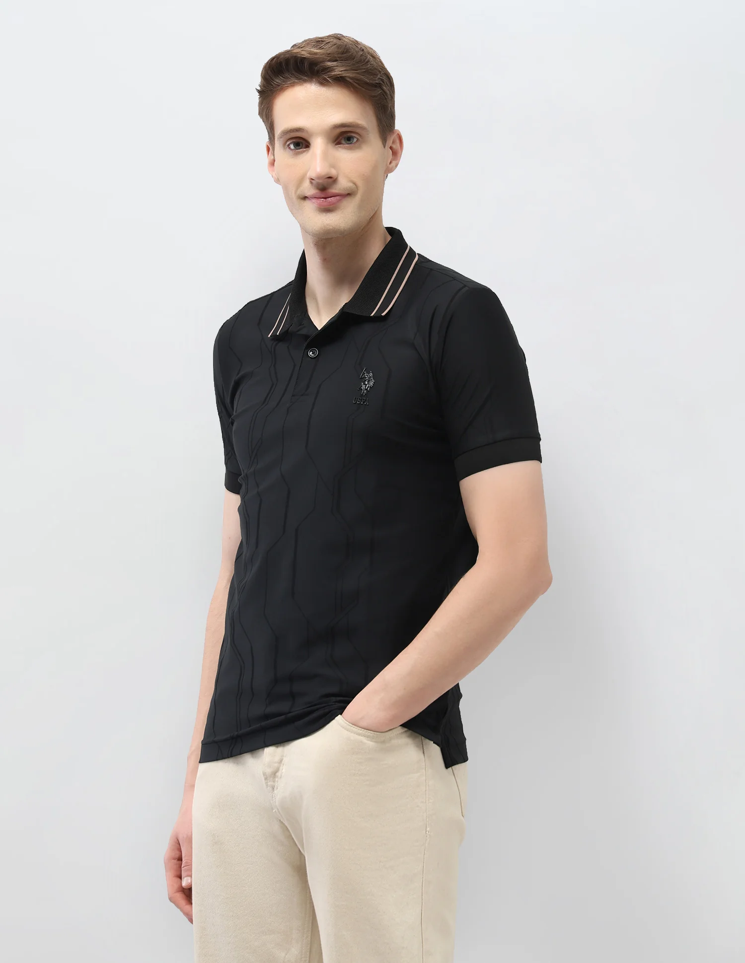 Textured Geometric Slim Fit Black & Gold Polo Shirt - Image 4
