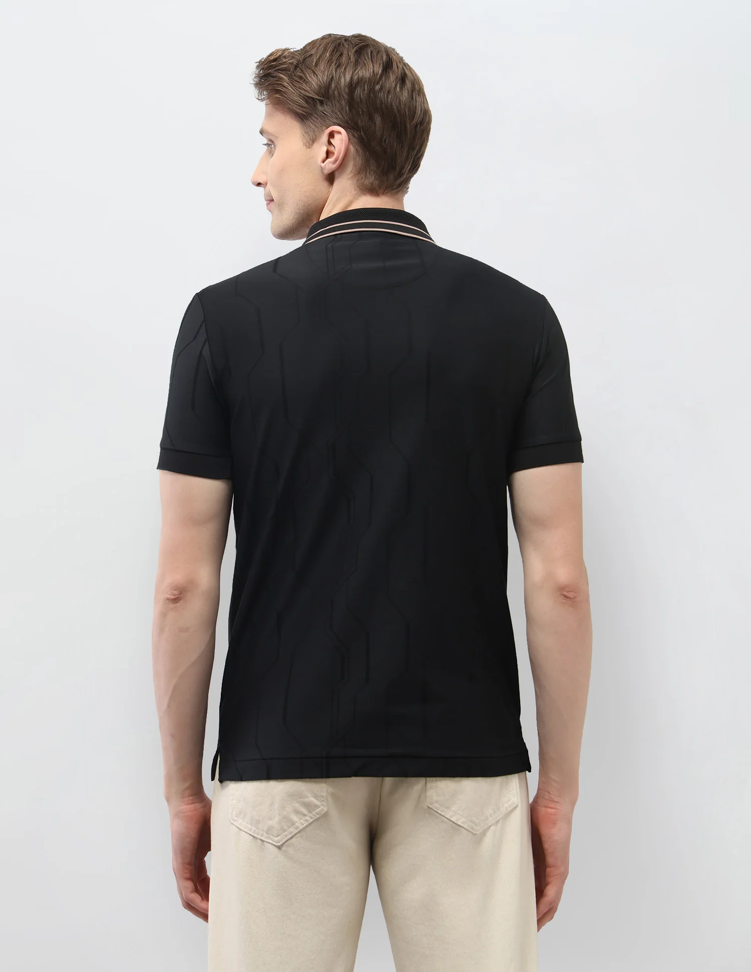 Textured Geometric Slim Fit Black & Gold Polo Shirt - Image 5