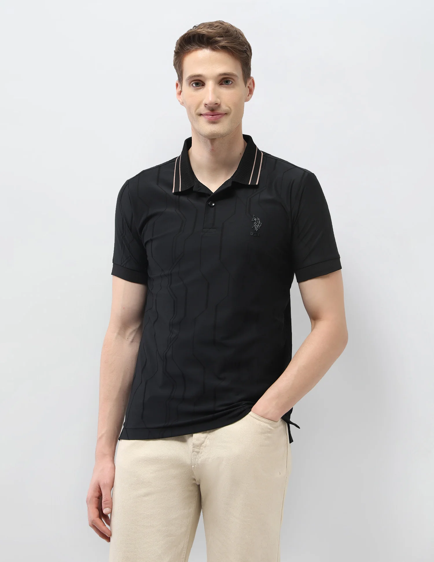 Textured Geometric Slim Fit Black & Gold Polo Shirt - Image 6