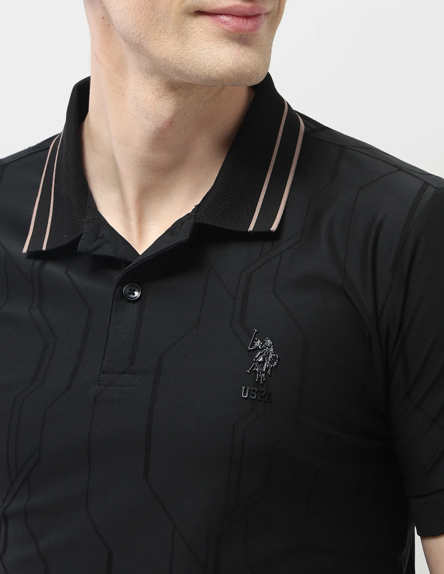 Textured Geometric Slim Fit Black & Gold Polo Shirt - Image 7