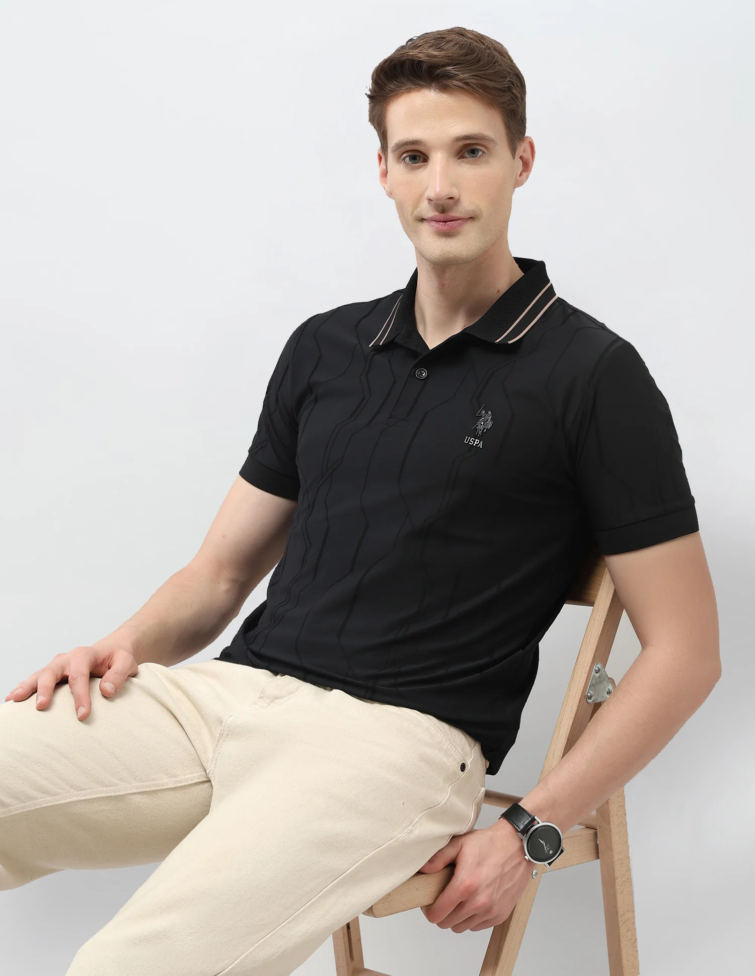 Textured Geometric Slim Fit Black & Gold Polo Shirt - Image 8