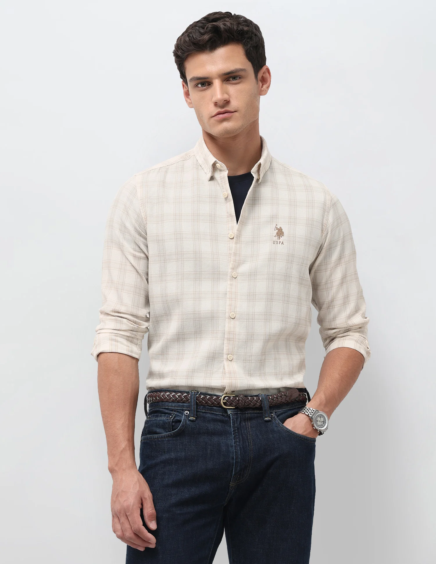 Textured With Tartan Checked Regular Fit Shirt