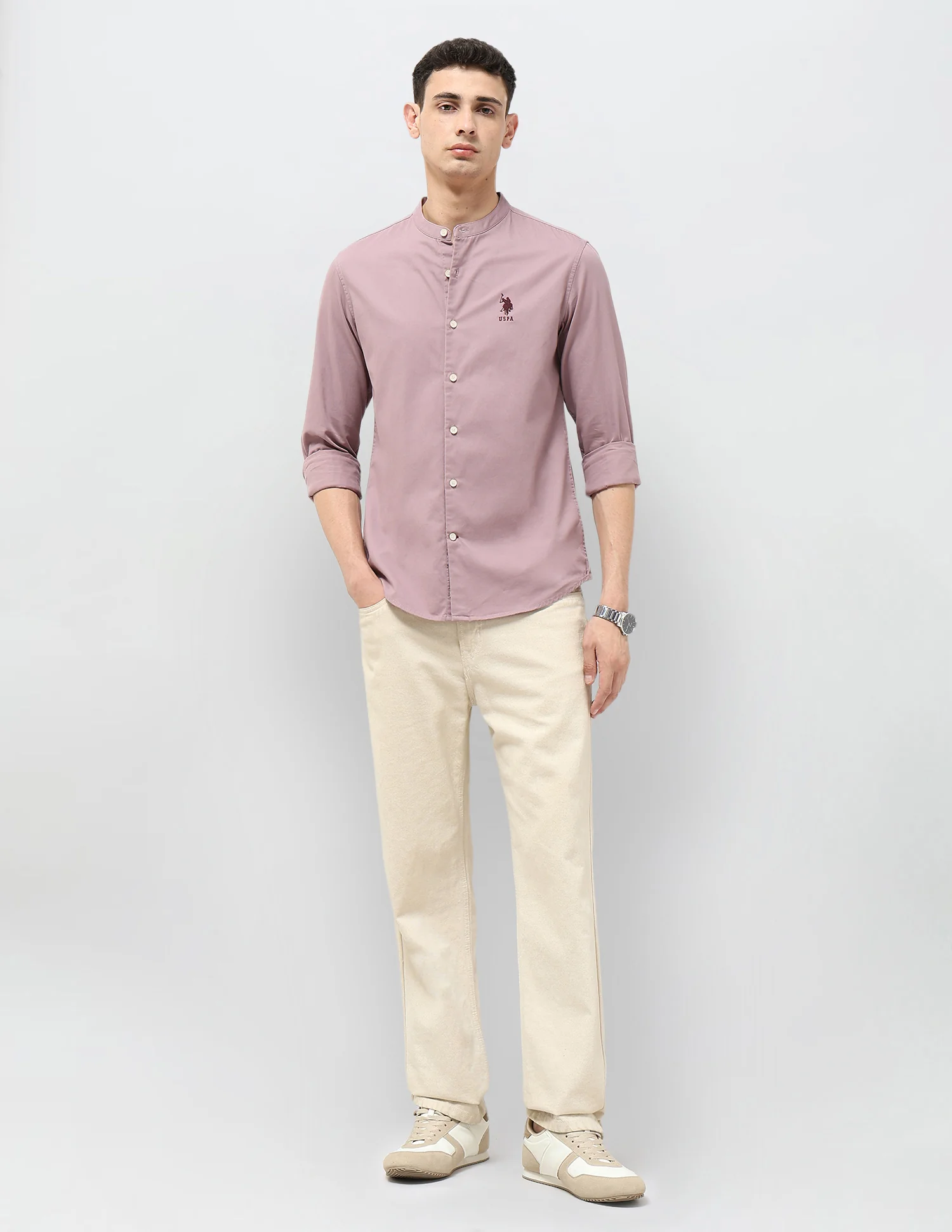 Twill Regular Fit Mandarin Shirt - Image 3