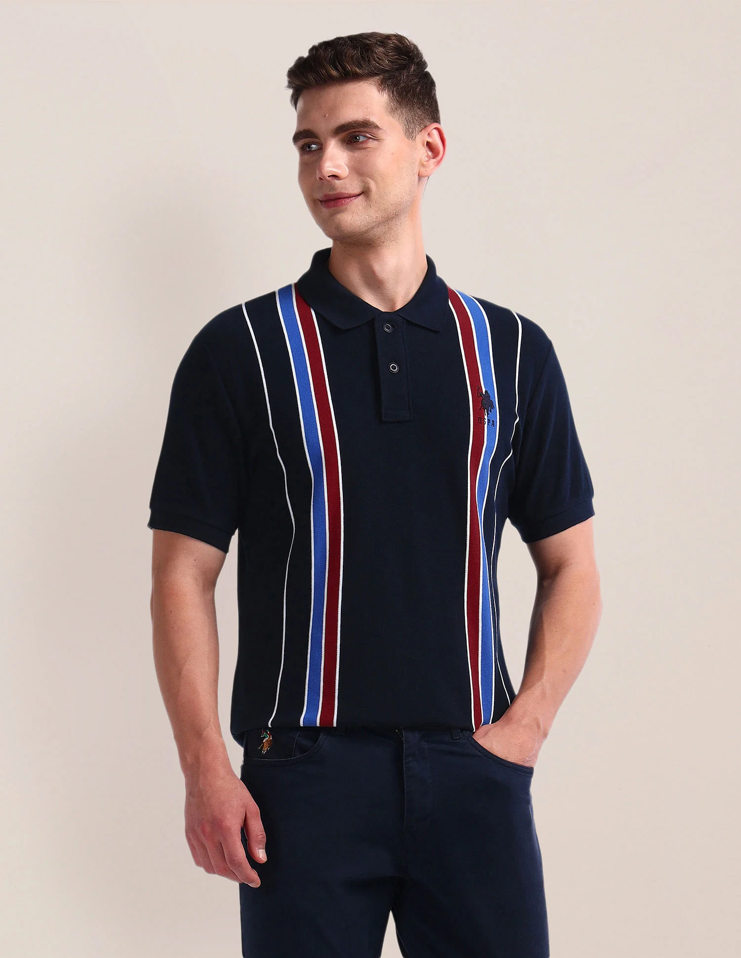 Vertical Stripe Pique Polo Shirt