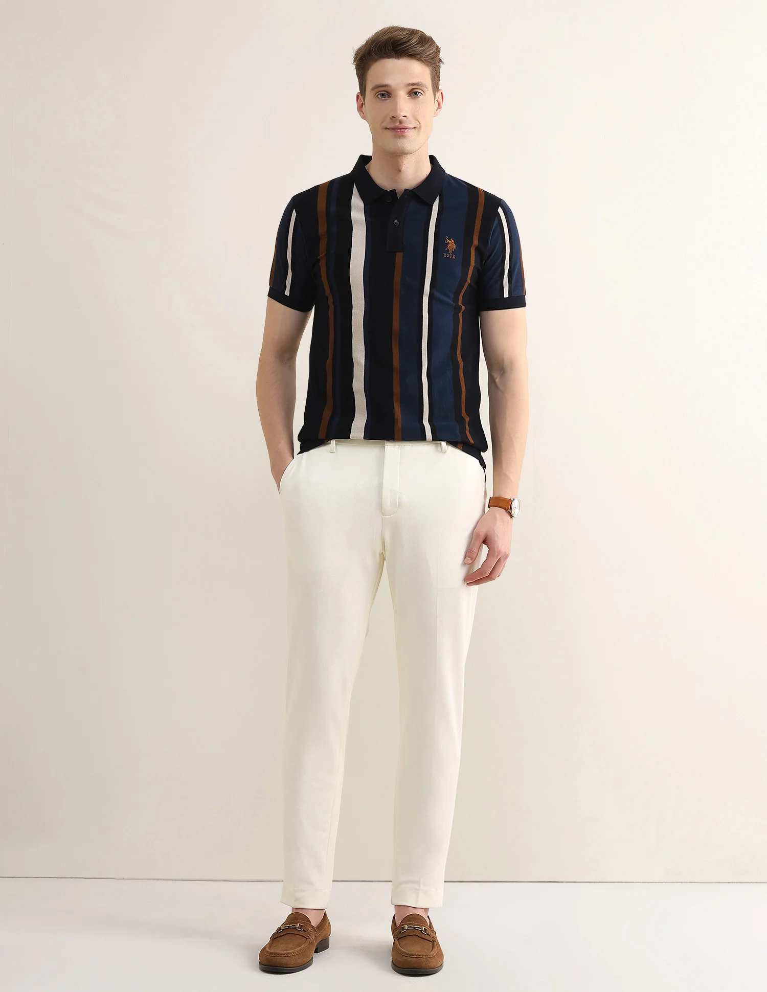 Vertical Striped Colorblocked Slim Fit Polo Shirt - Image 3