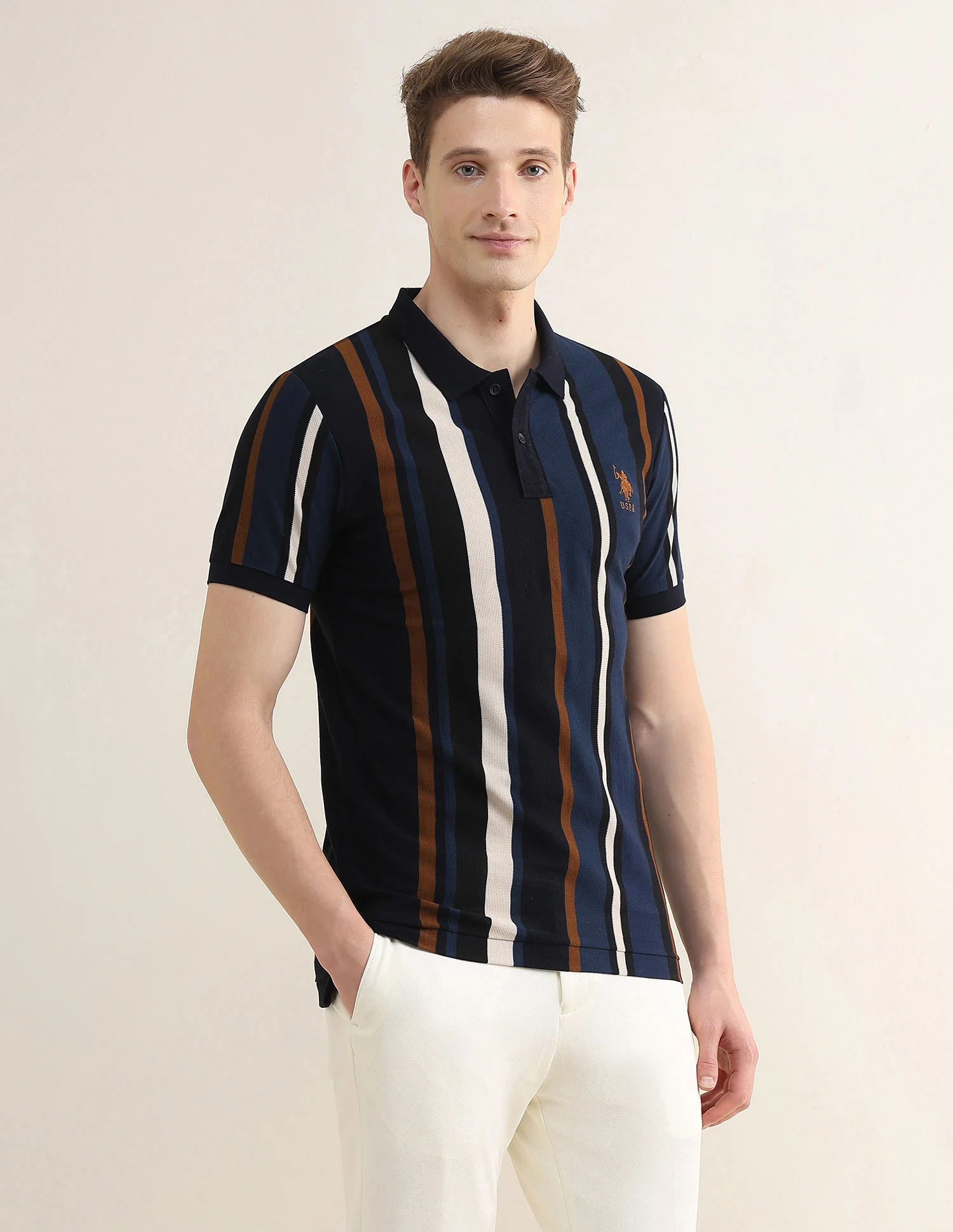Vertical Striped Colorblocked Slim Fit Polo Shirt - Image 4