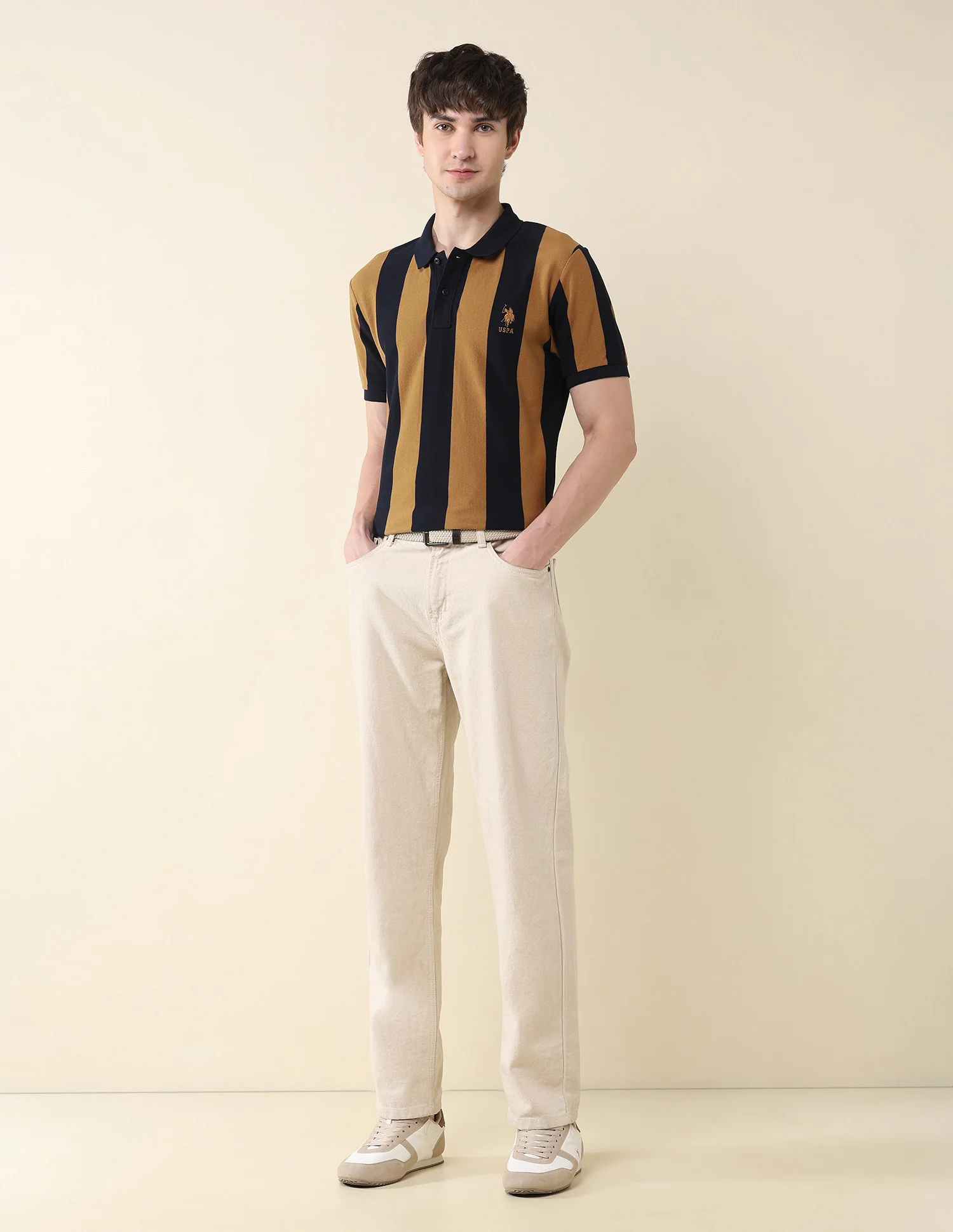 Vertical Striped Pure Cotton Gold Cup Polo Shirt - Image 3