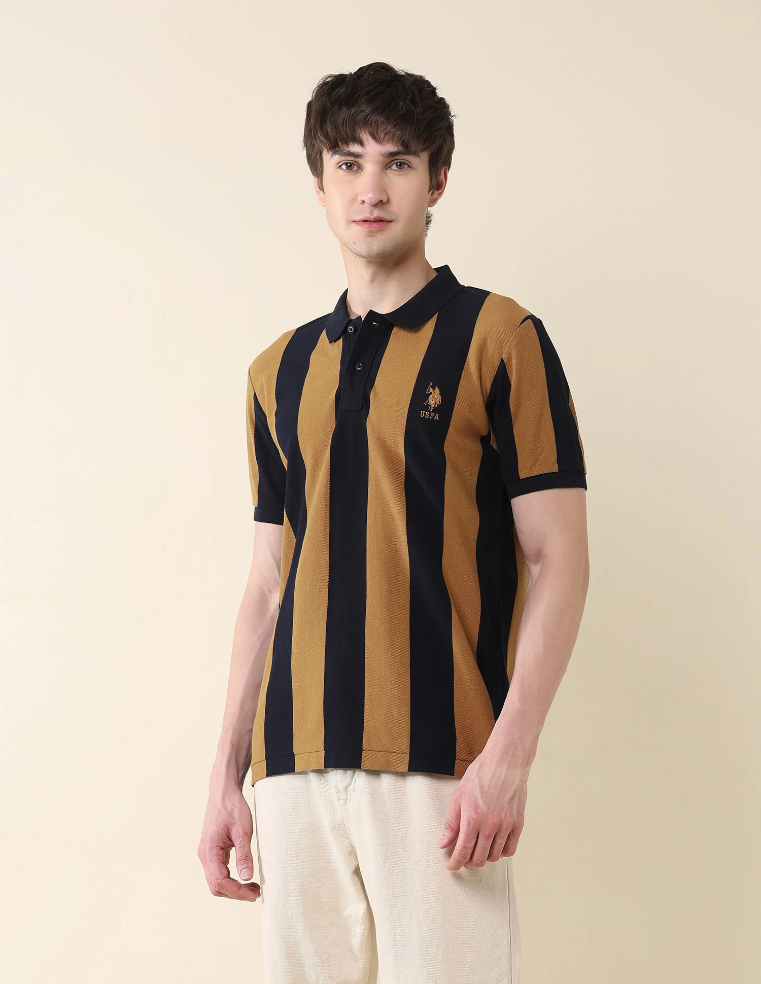 Vertical Striped Pure Cotton Gold Cup Polo Shirt - Image 4