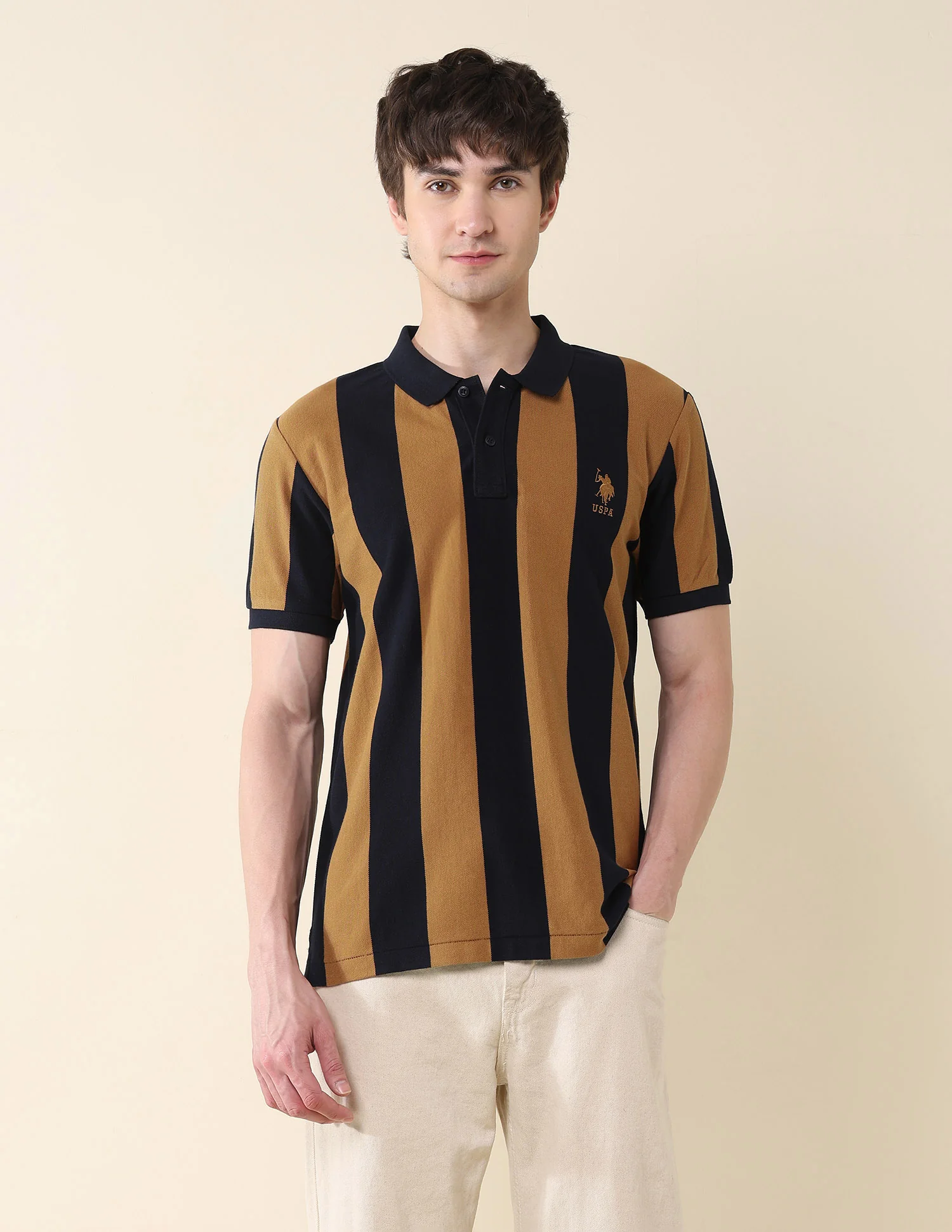 Vertical Striped Pure Cotton Gold Cup Polo Shirt - Image 6