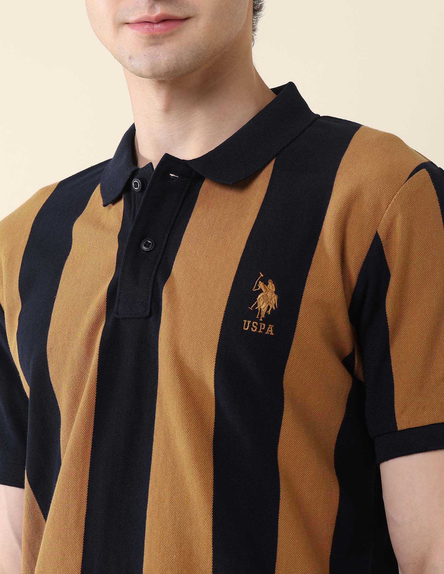 Vertical Striped Pure Cotton Gold Cup Polo Shirt - Image 7