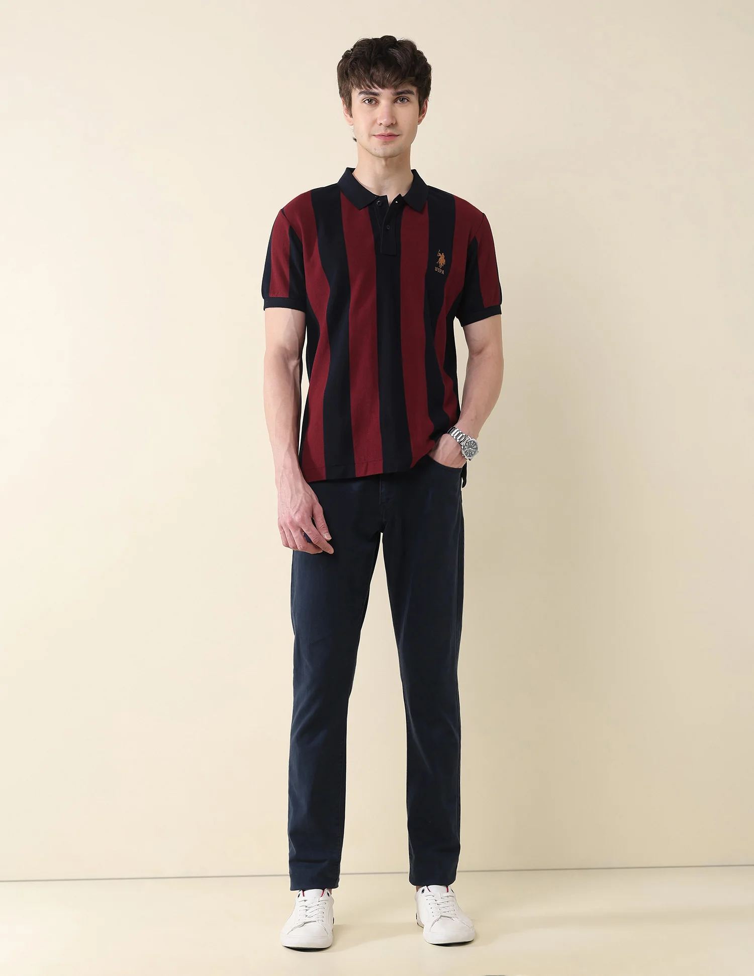 Vertical Striped Pure Cotton Gold Cup Polo Shirt - Image 3