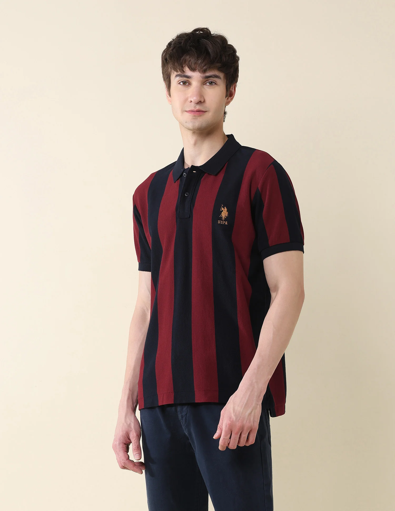 Vertical Striped Pure Cotton Gold Cup Polo Shirt - Image 4