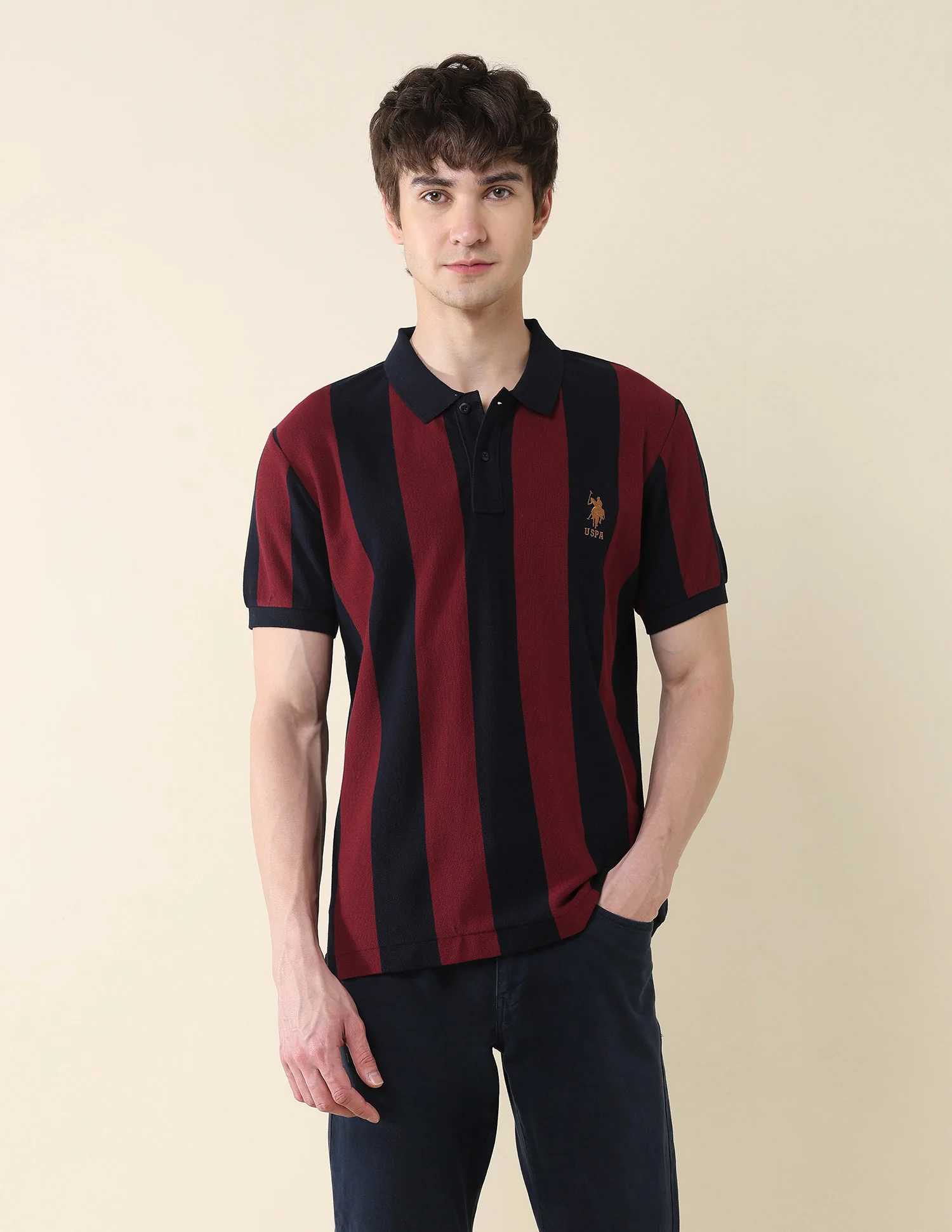 Vertical Striped Pure Cotton Gold Cup Polo Shirt - Image 6