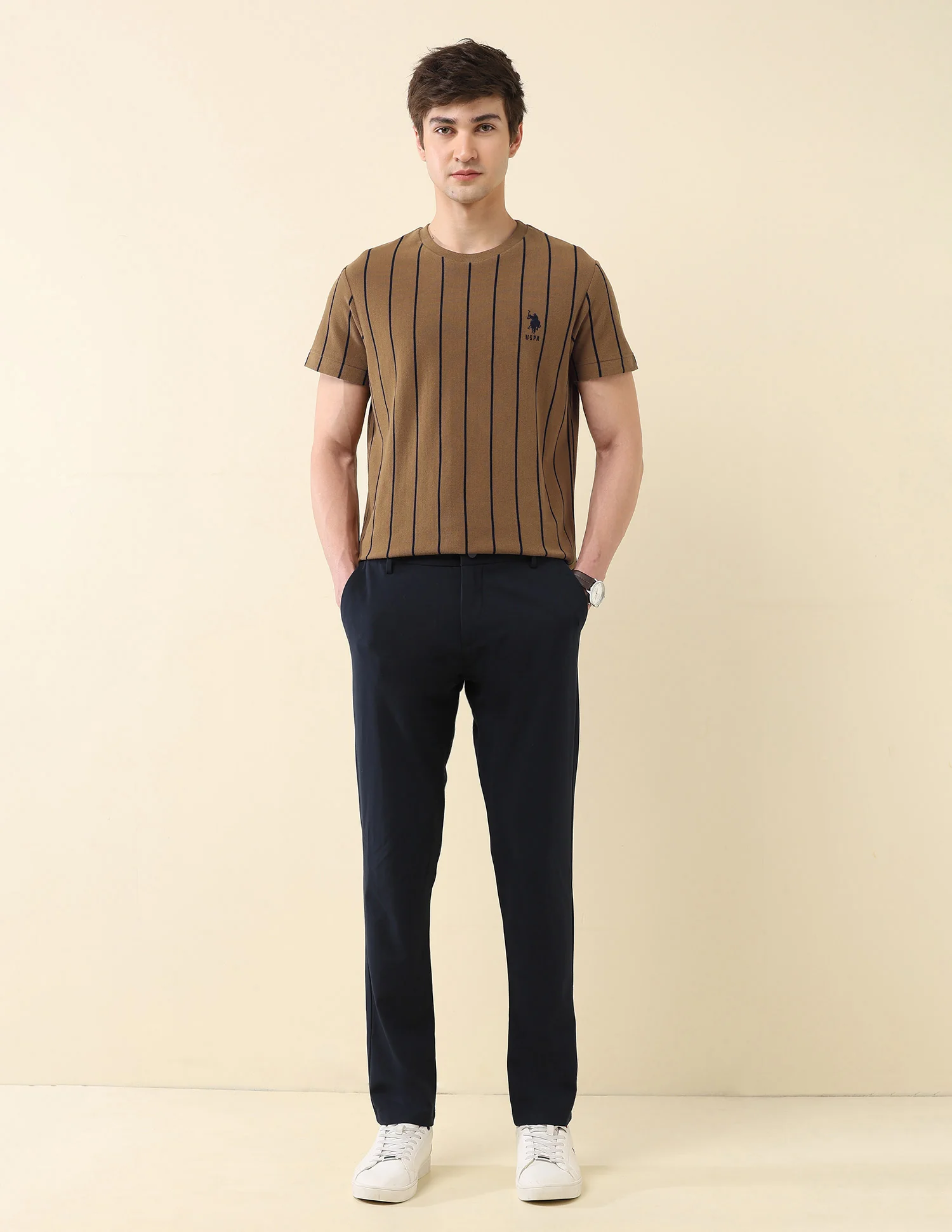 Vertical Striped Pure Cotton Gold Cup T-Shirt - Image 3