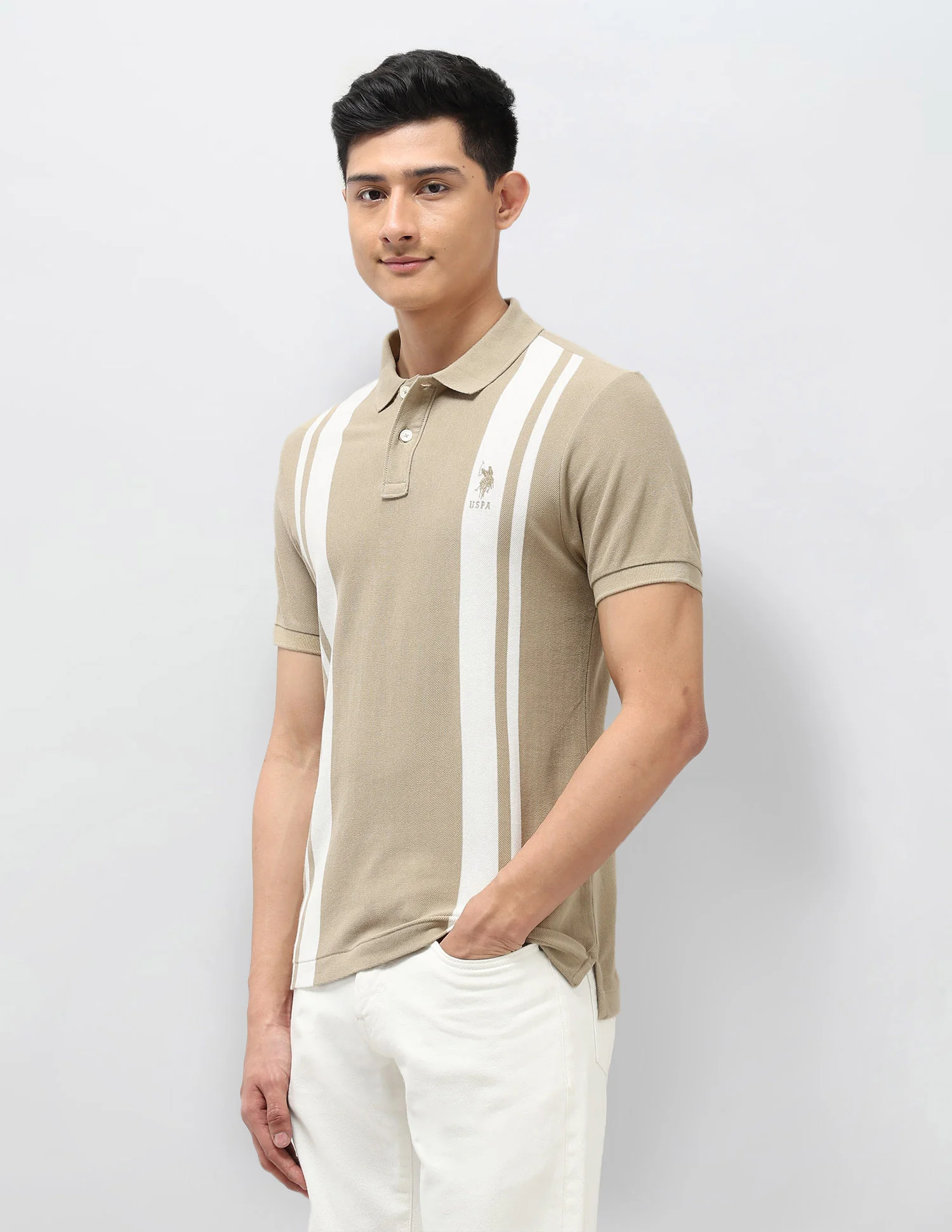 Vertical Striped Pure Cotton Polo Shirt - Image 4